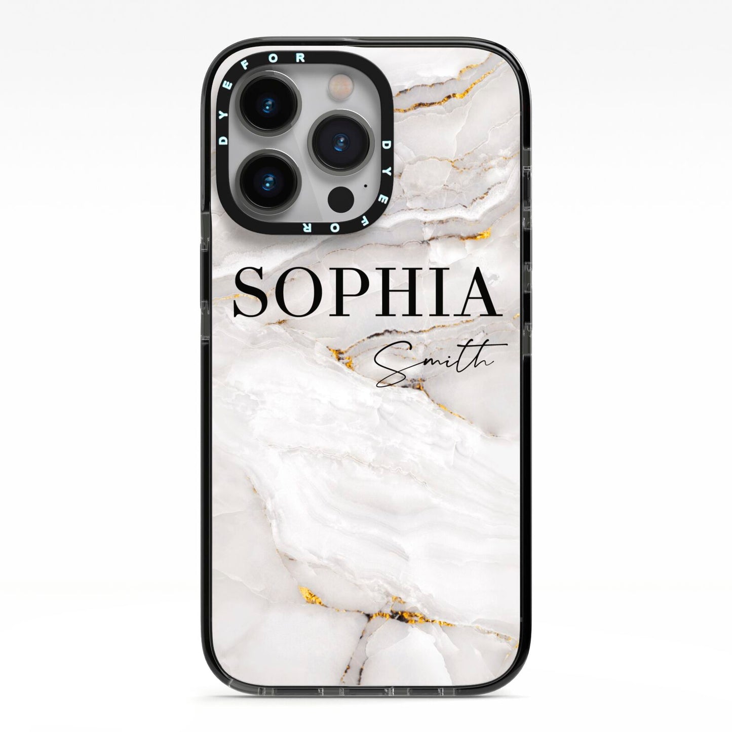 White And Gold Marble iPhone 13 Pro Black Impact Case on Silver phone