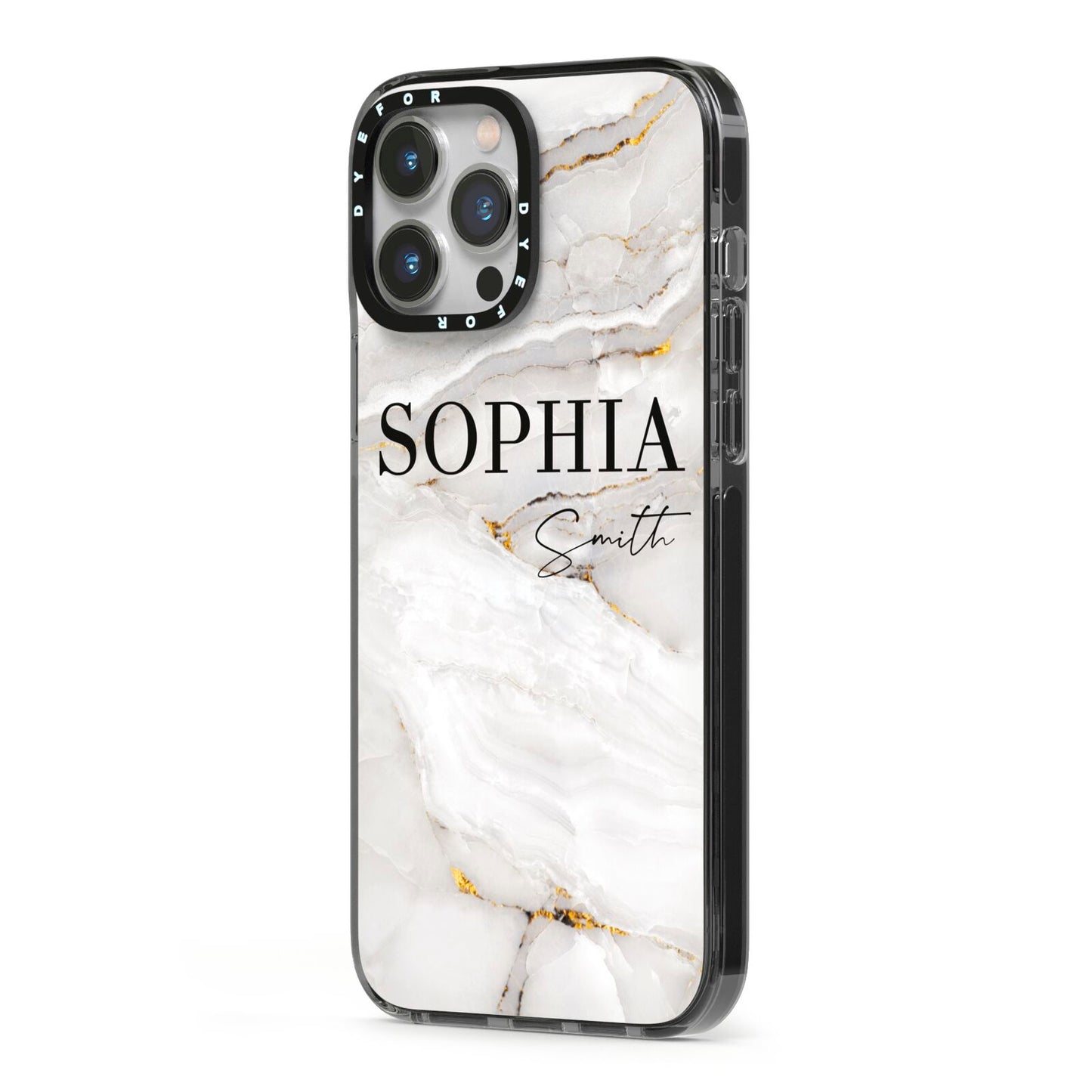 White And Gold Marble iPhone 13 Pro Max Black Impact Case Side Angle on Silver phone