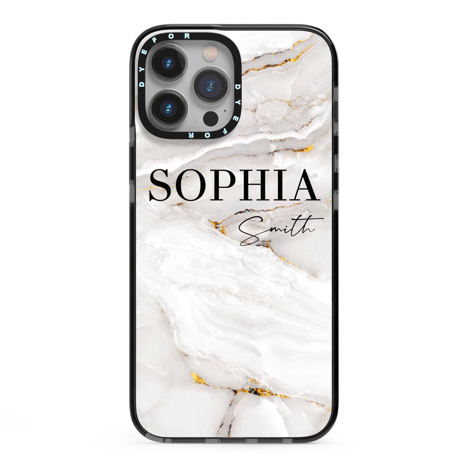 White And Gold Marble iPhone 13 Pro Max Black Impact Case on Silver phone