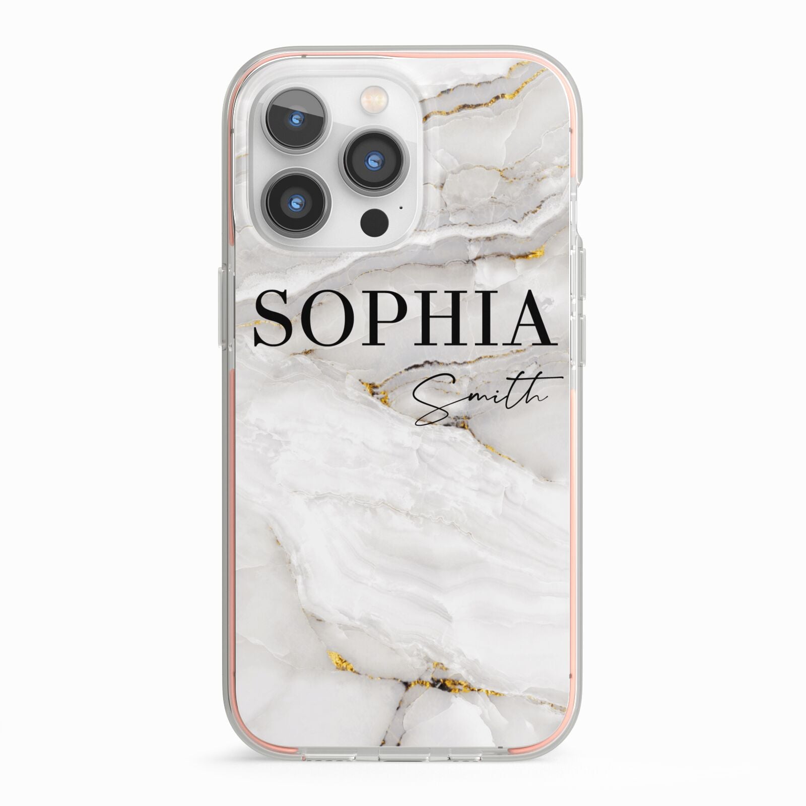 White And Gold Marble iPhone 13 Pro TPU Impact Case with Pink Edges