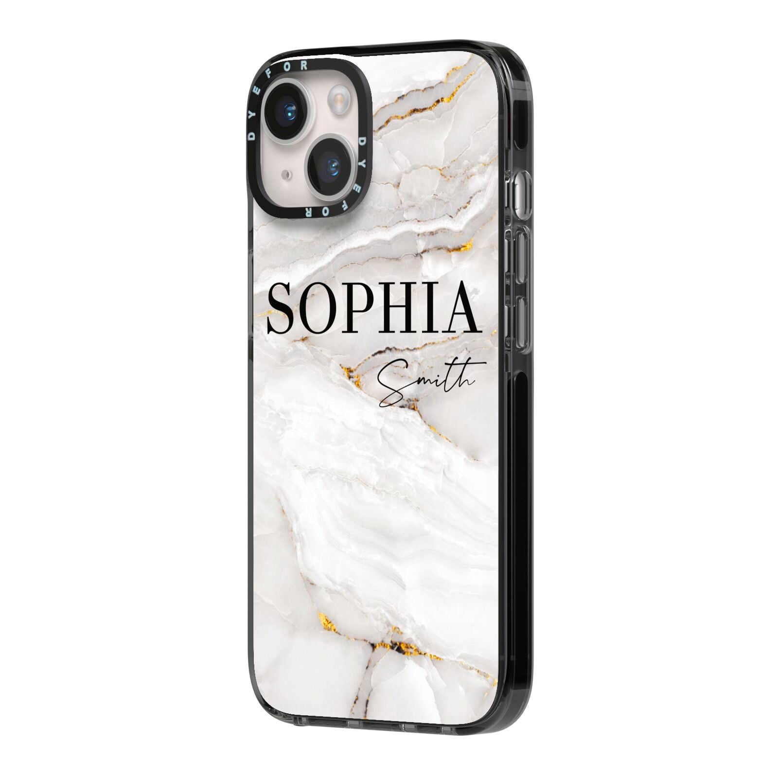 White And Gold Marble iPhone 14 Black Impact Case Side Angle on Silver phone