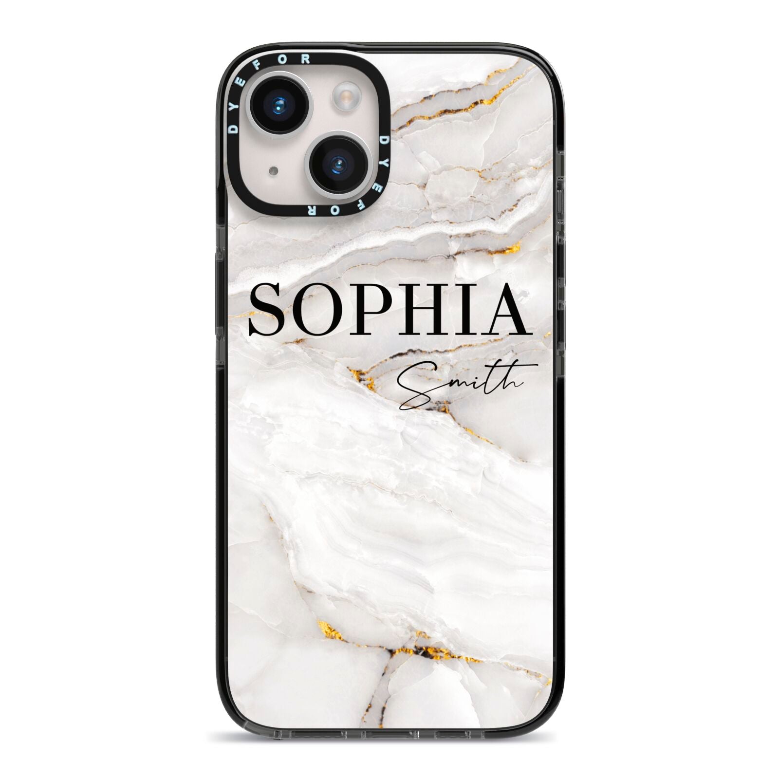White And Gold Marble iPhone 14 Black Impact Case on Silver phone