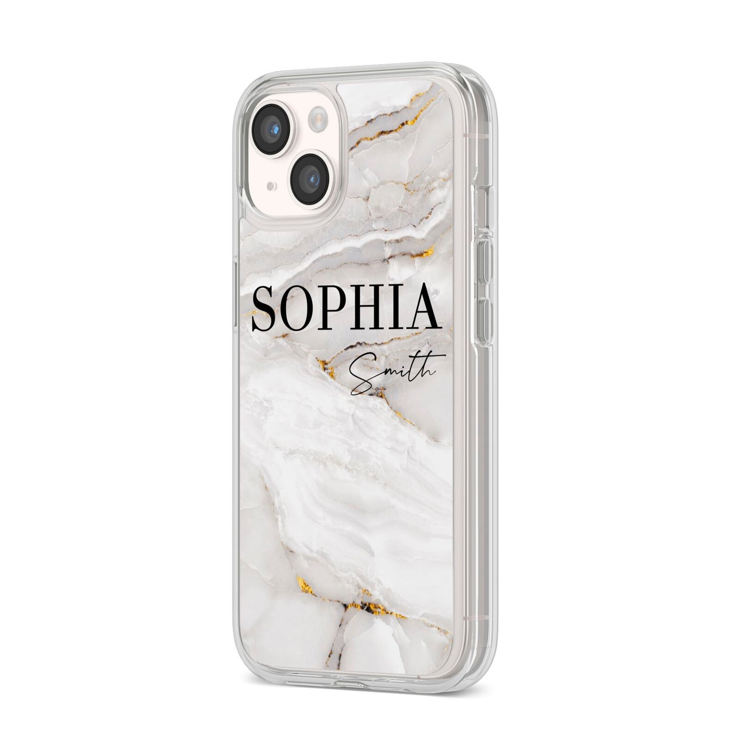 White And Gold Marble iPhone 14 Clear Tough Case Starlight Angled Image