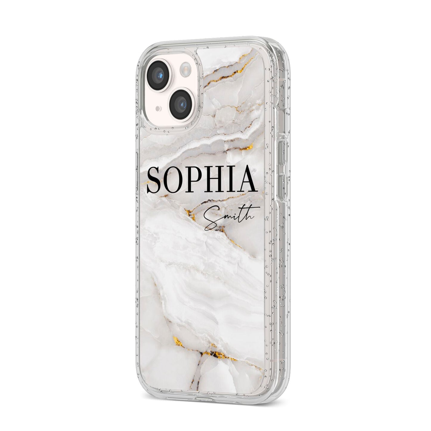 White And Gold Marble iPhone 14 Glitter Tough Case Starlight Angled Image
