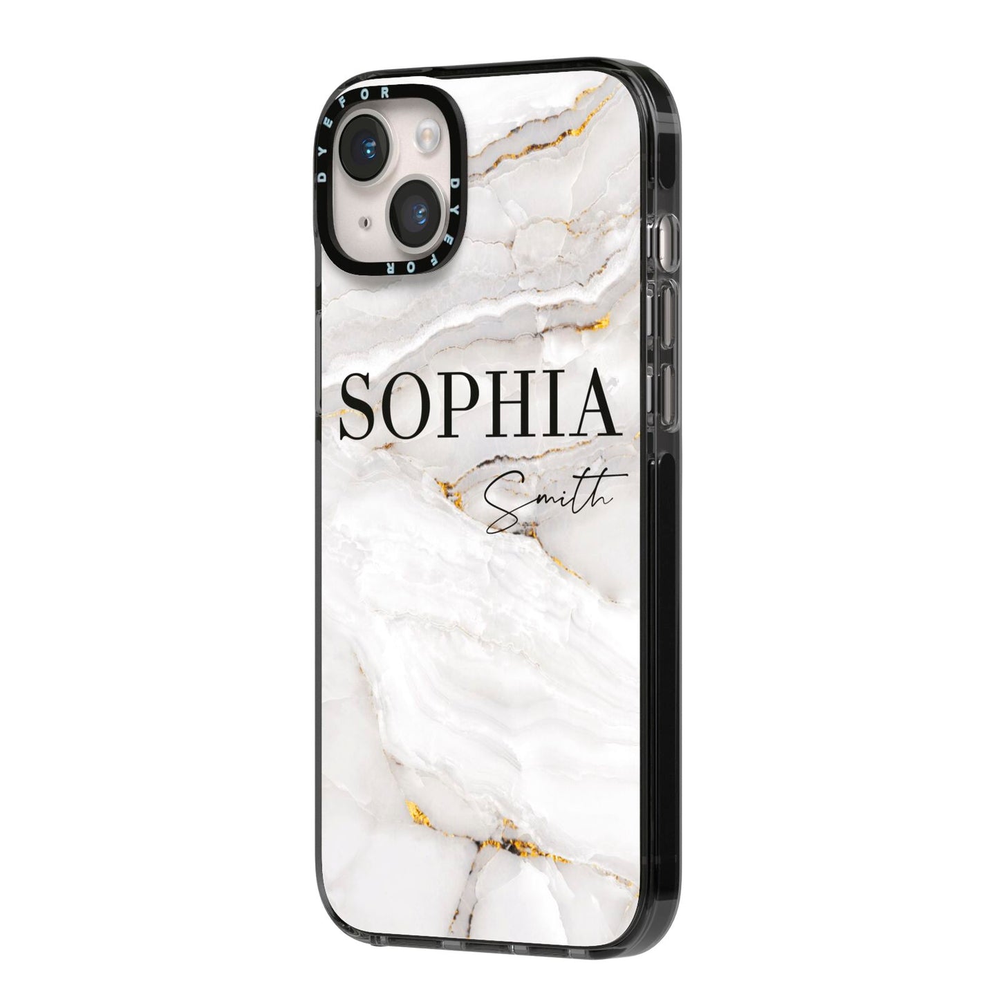 White And Gold Marble iPhone 14 Plus Black Impact Case Side Angle on Silver phone