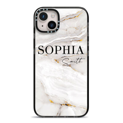 White And Gold Marble iPhone 14 Plus Black Impact Case on Silver phone