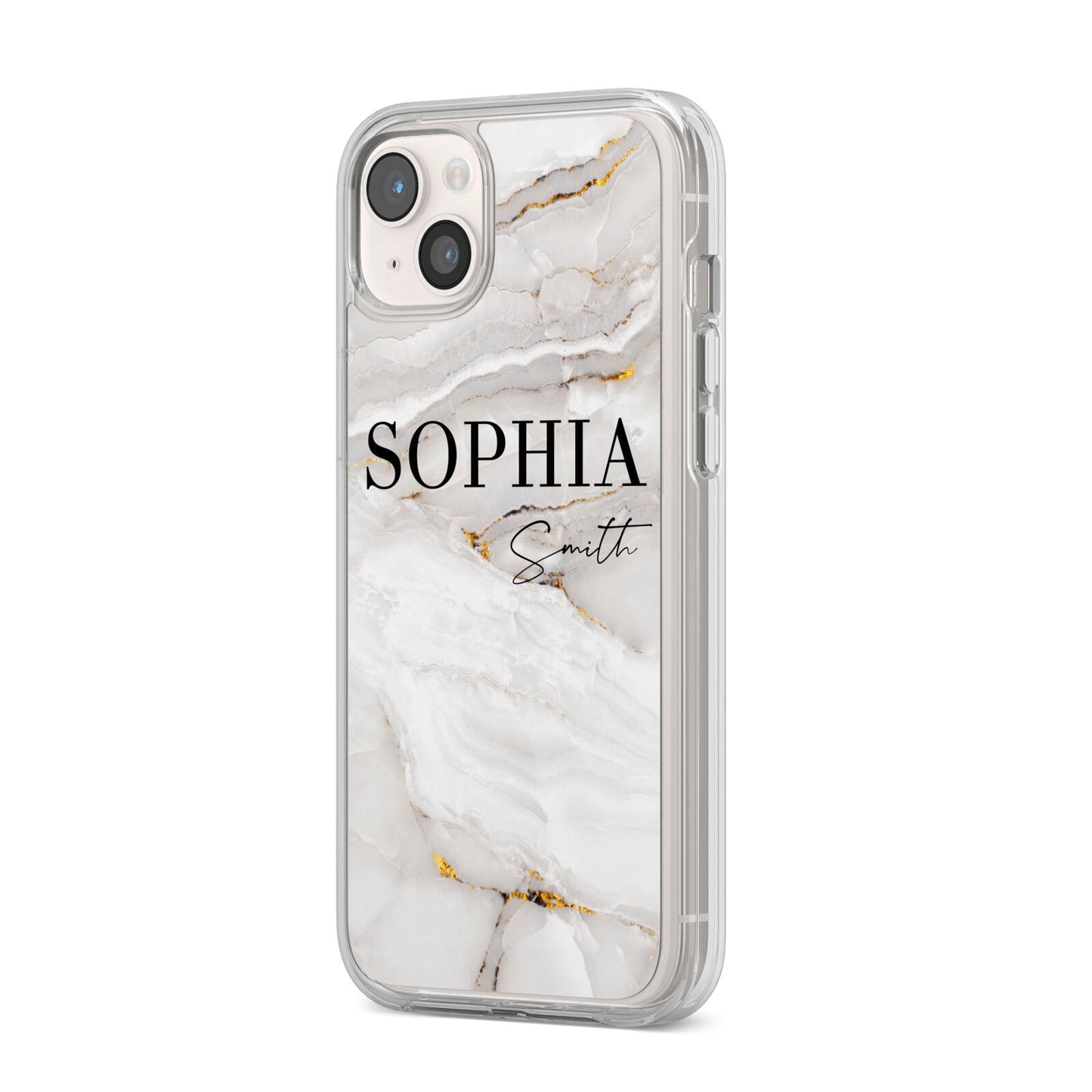 White And Gold Marble iPhone 14 Plus Clear Tough Case Starlight Angled Image