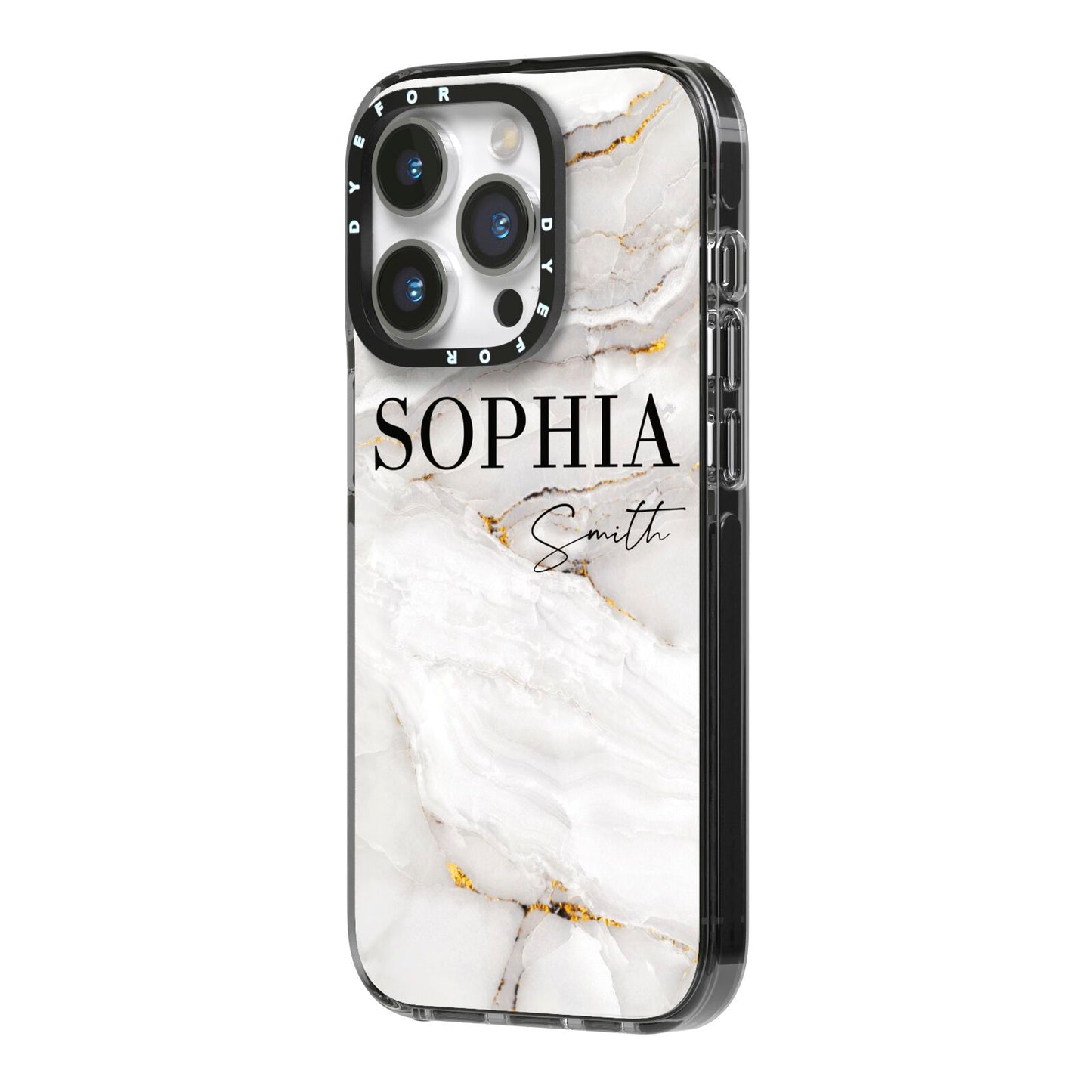 White And Gold Marble iPhone 14 Pro Black Impact Case Side Angle on Silver phone