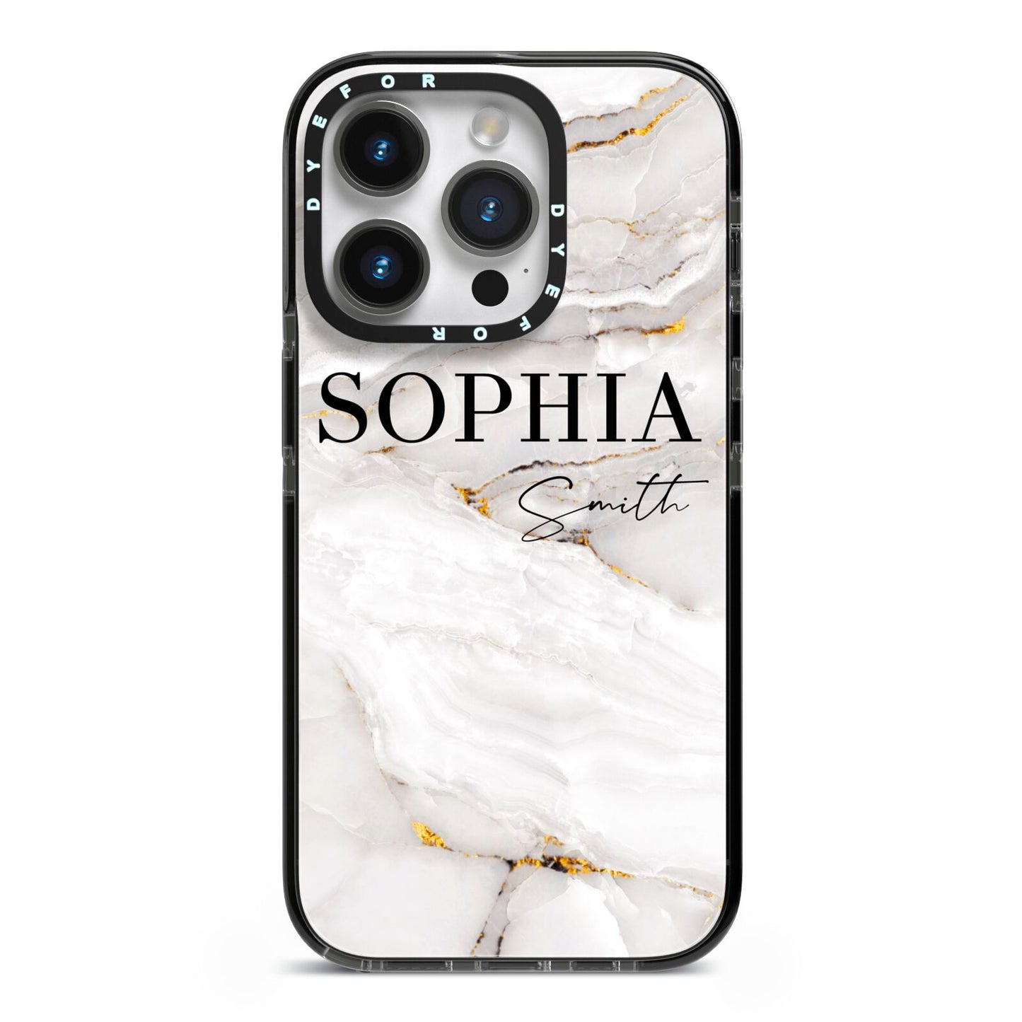 White And Gold Marble iPhone 14 Pro Black Impact Case on Silver phone