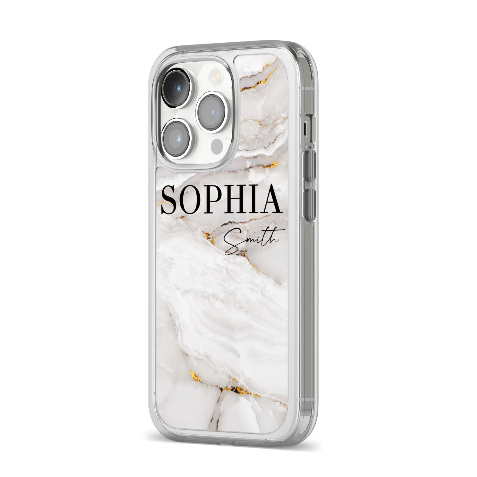White And Gold Marble iPhone 14 Pro Clear Tough Case Silver Angled Image