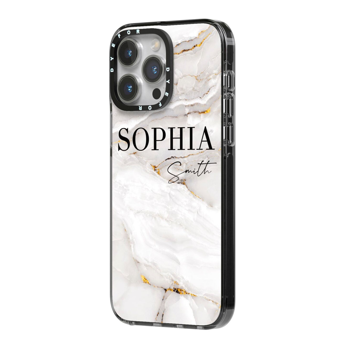 White And Gold Marble iPhone 14 Pro Max Black Impact Case Side Angle on Silver phone