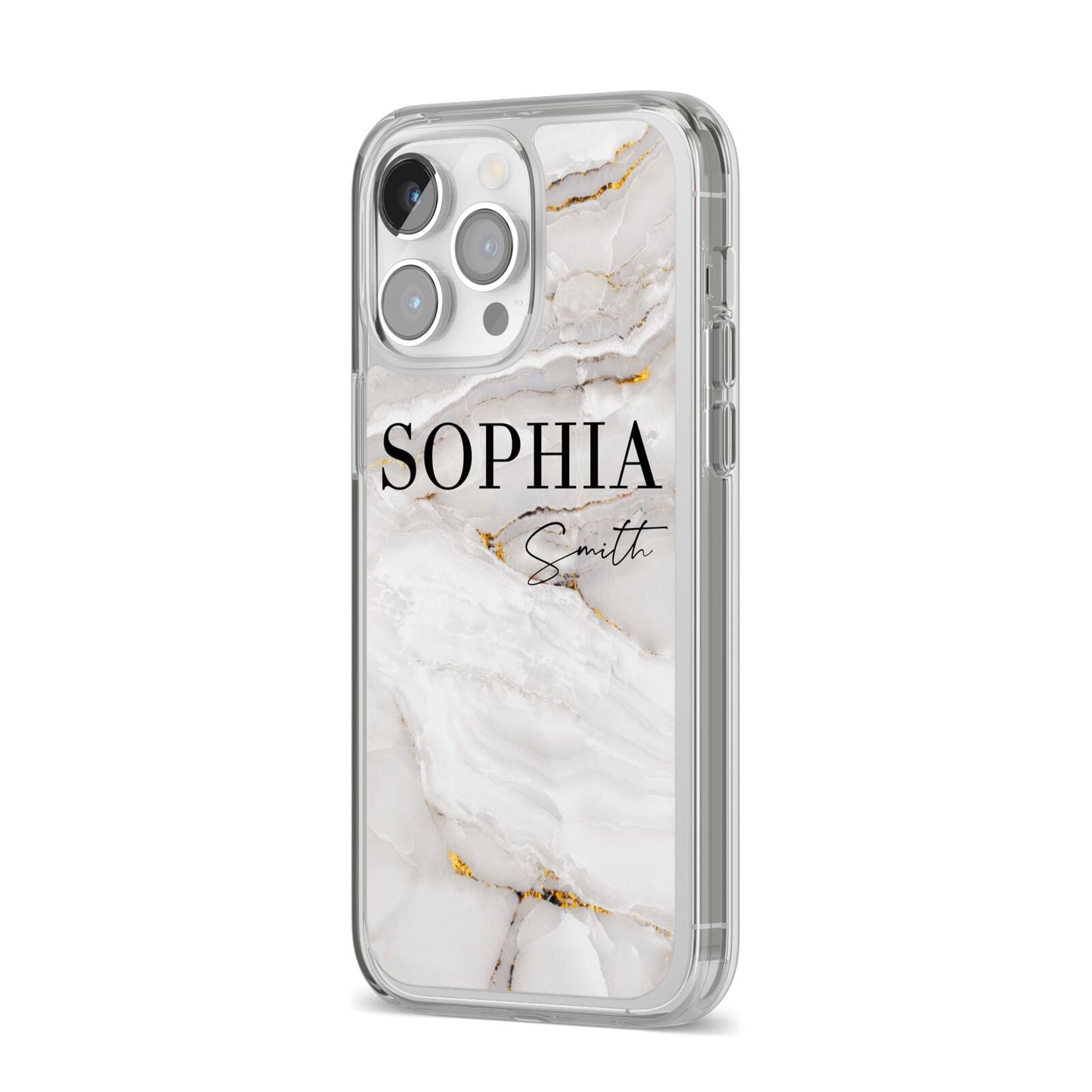 White And Gold Marble iPhone 14 Pro Max Clear Tough Case Silver Angled Image