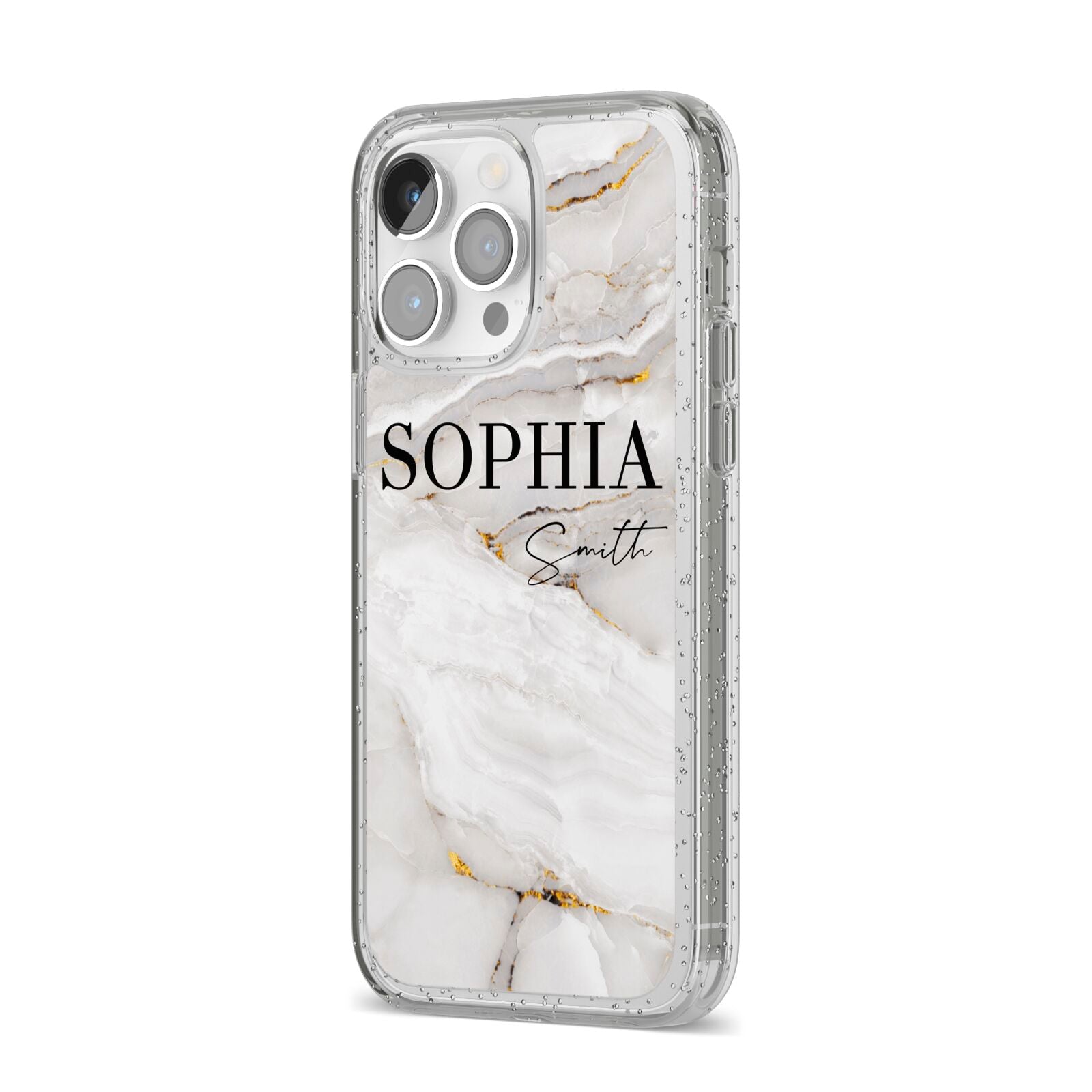 White And Gold Marble iPhone 14 Pro Max Glitter Tough Case Silver Angled Image
