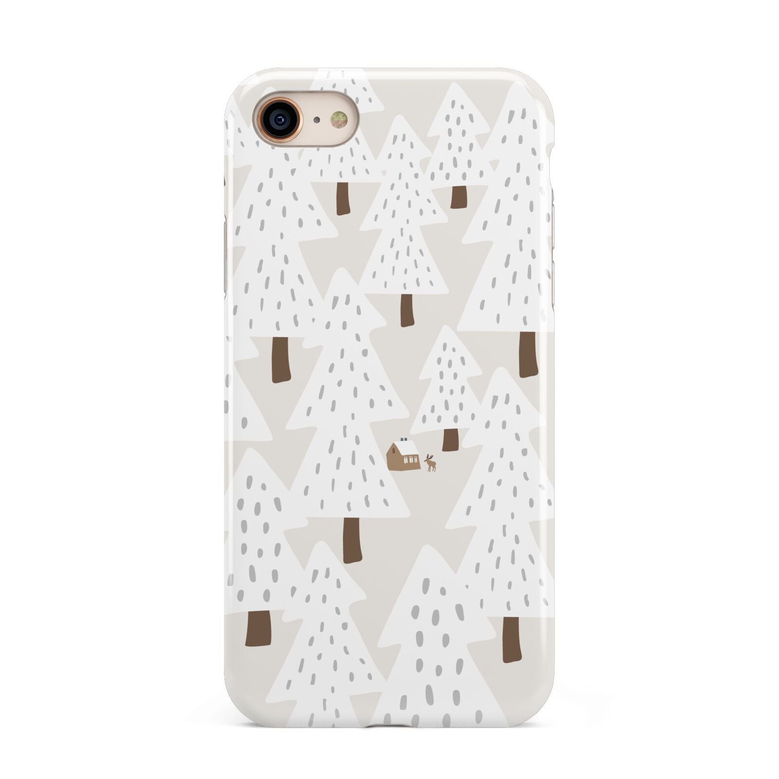 White Christmas Forest iPhone 8 3D Tough Case on Gold Phone