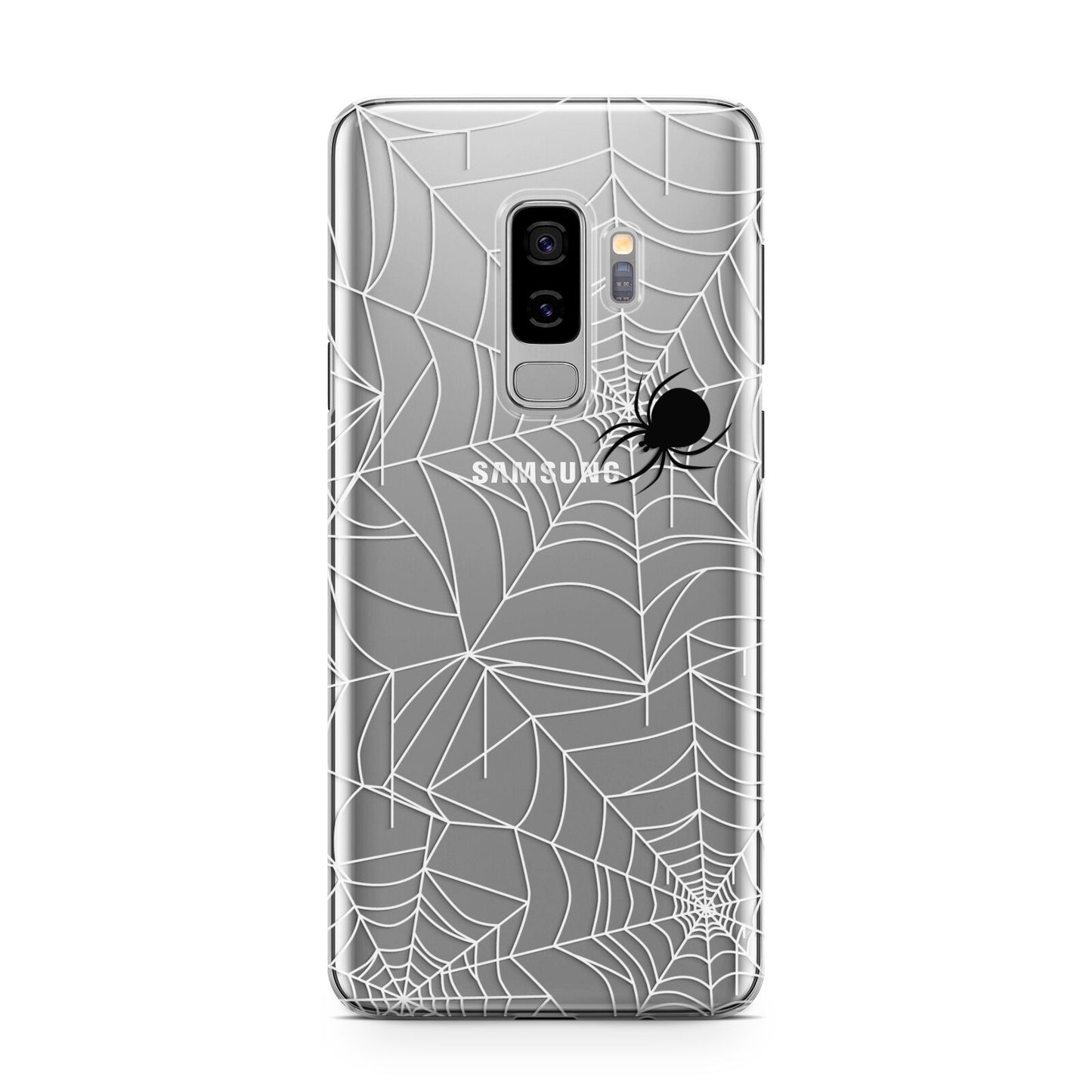 White Cobwebs with Transparent Background Samsung Galaxy S9 Plus Case on Silver phone