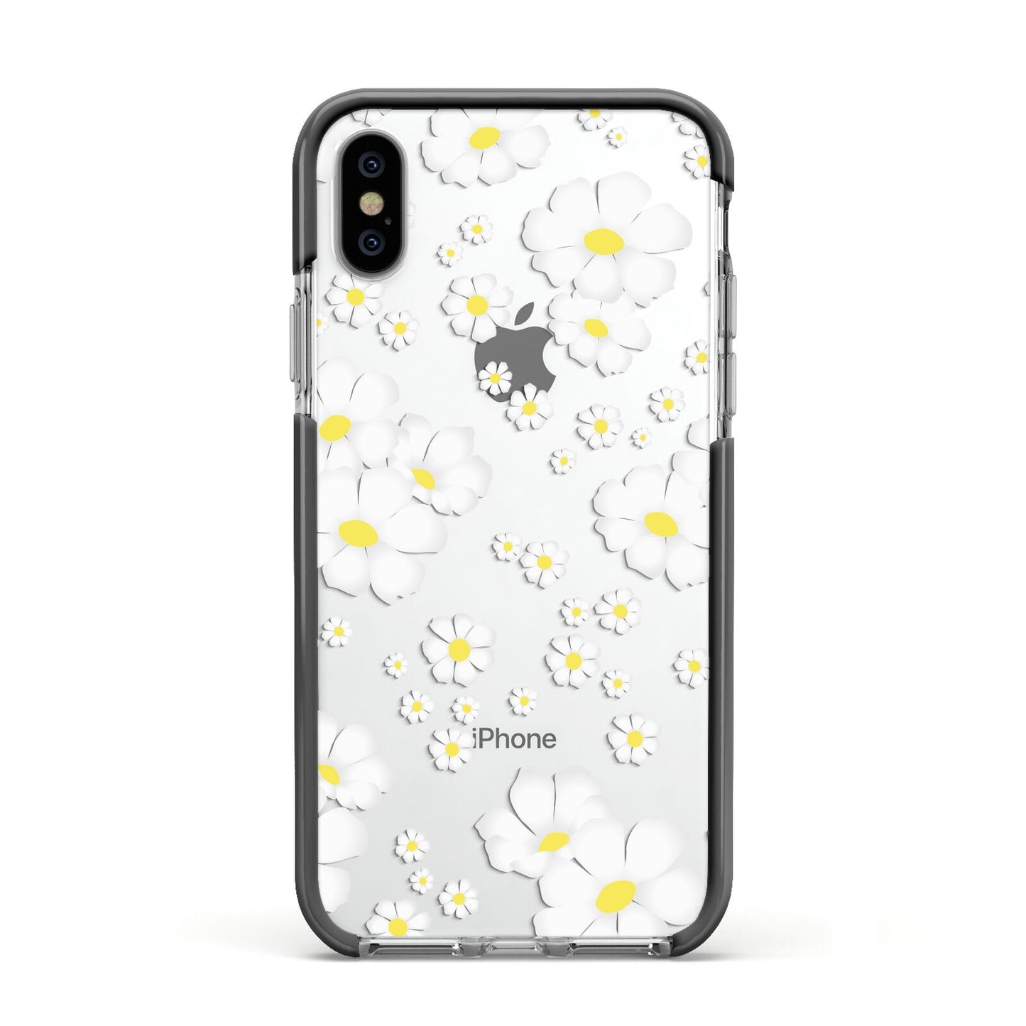 White Daisy Flower Apple iPhone Xs Impact Case Black Edge on Silver Phone