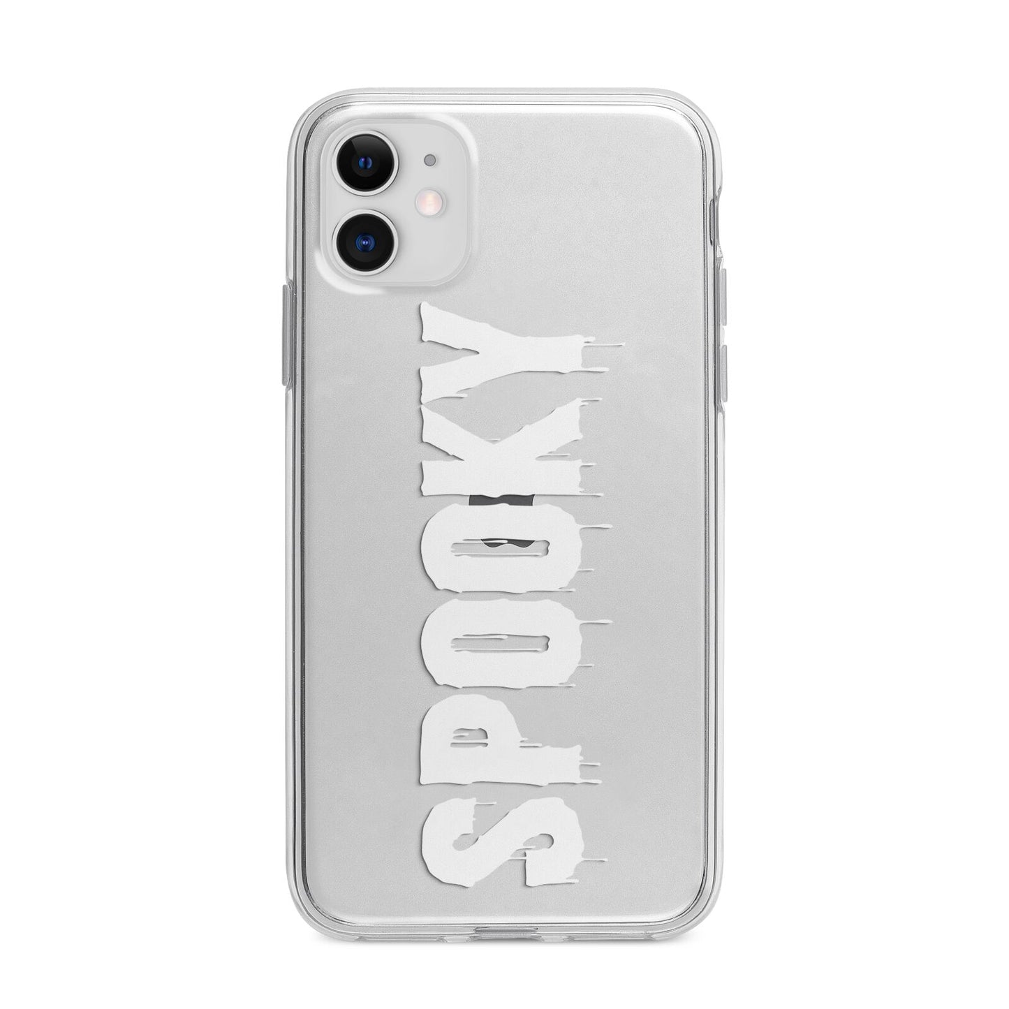 White Dripping Spooky Text Apple iPhone 11 in White with Bumper Case