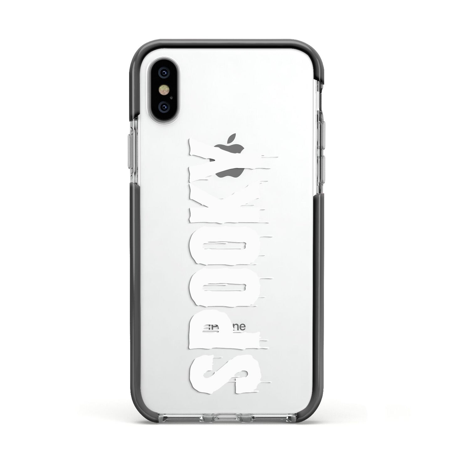 White Dripping Spooky Text Apple iPhone Xs Impact Case Black Edge on Silver Phone