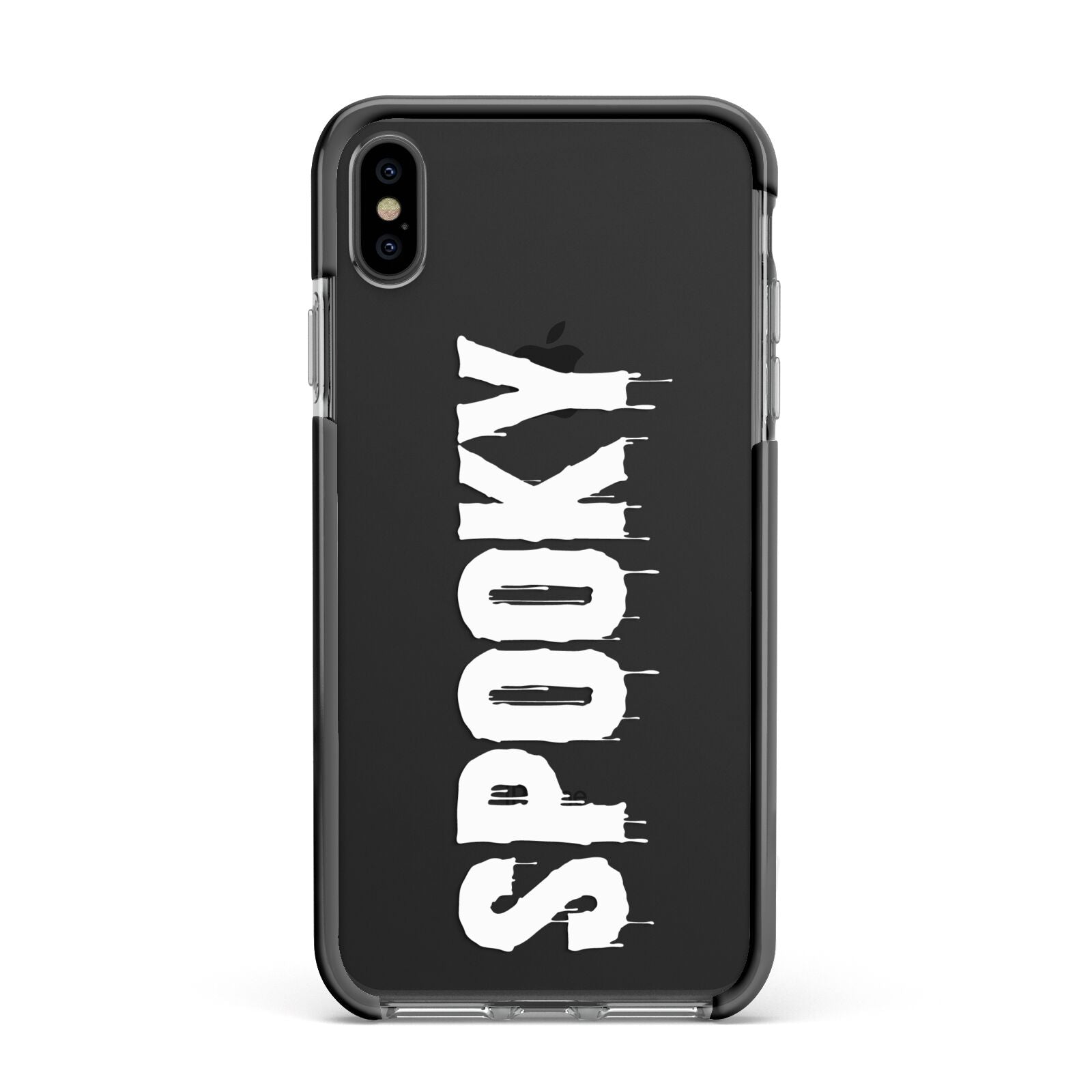 White Dripping Spooky Text Apple iPhone Xs Max Impact Case Black Edge on Black Phone