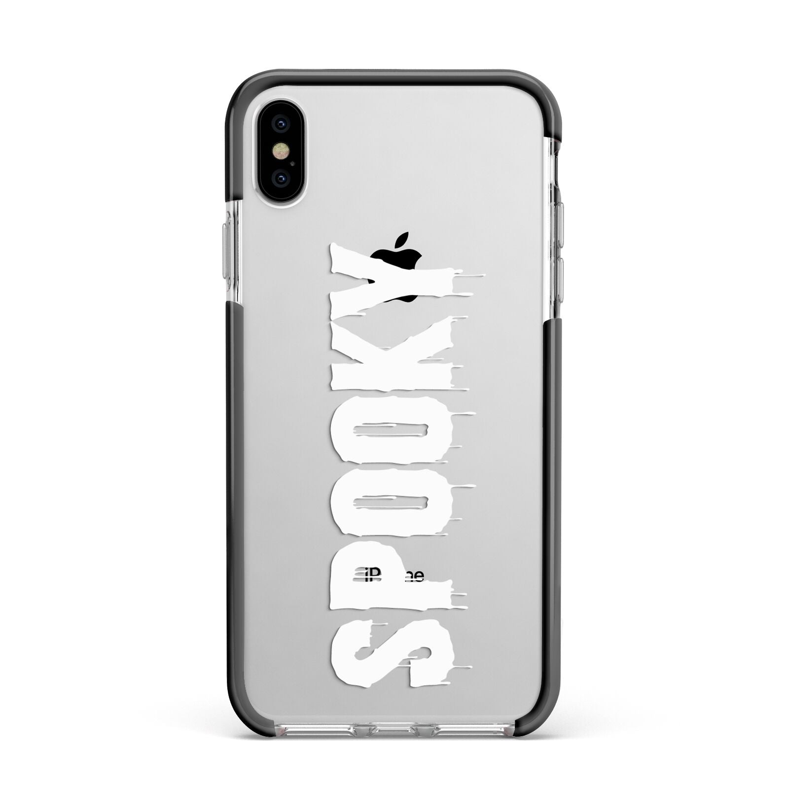 White Dripping Spooky Text Apple iPhone Xs Max Impact Case Black Edge on Silver Phone