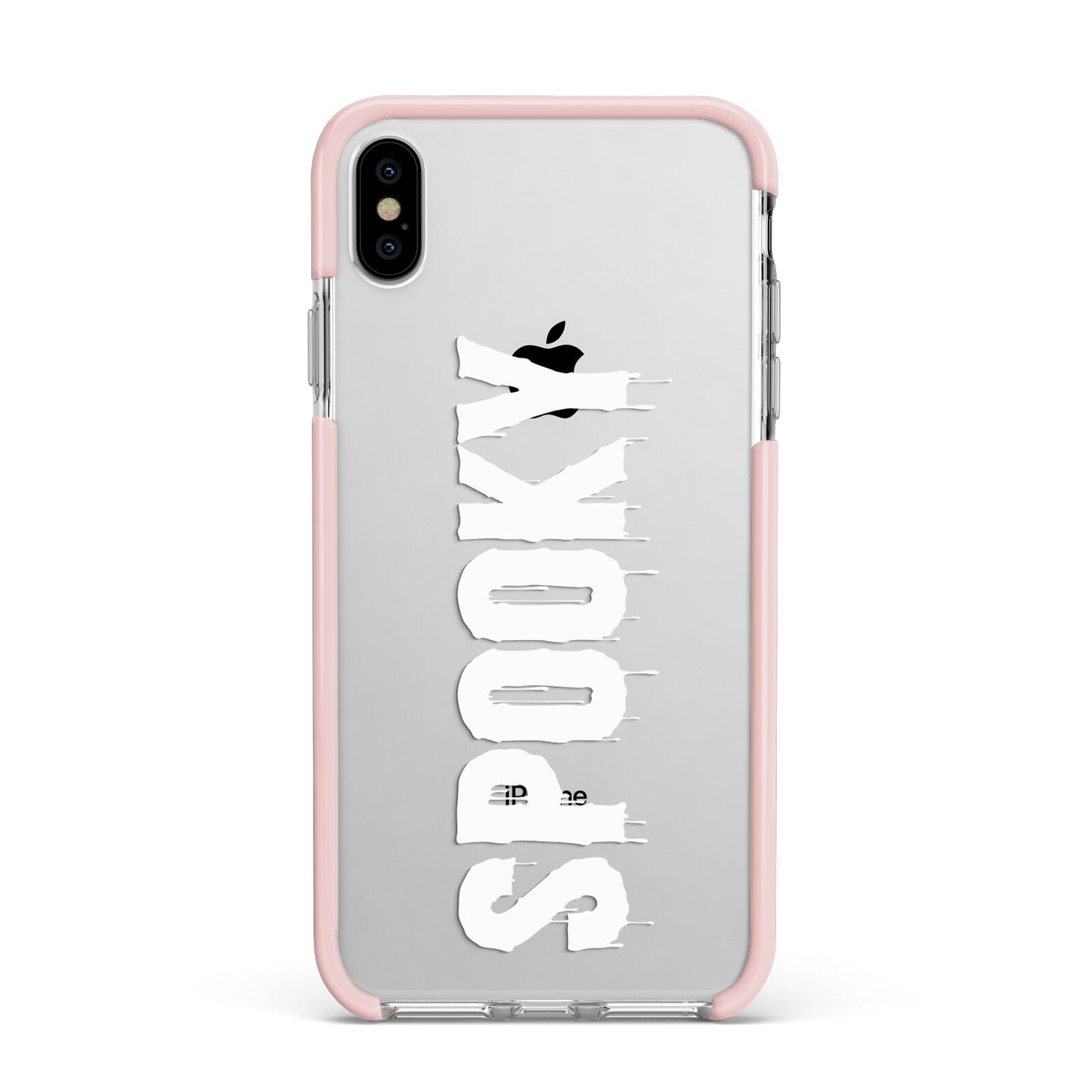 White Dripping Spooky Text Apple iPhone Xs Max Impact Case Pink Edge on Silver Phone