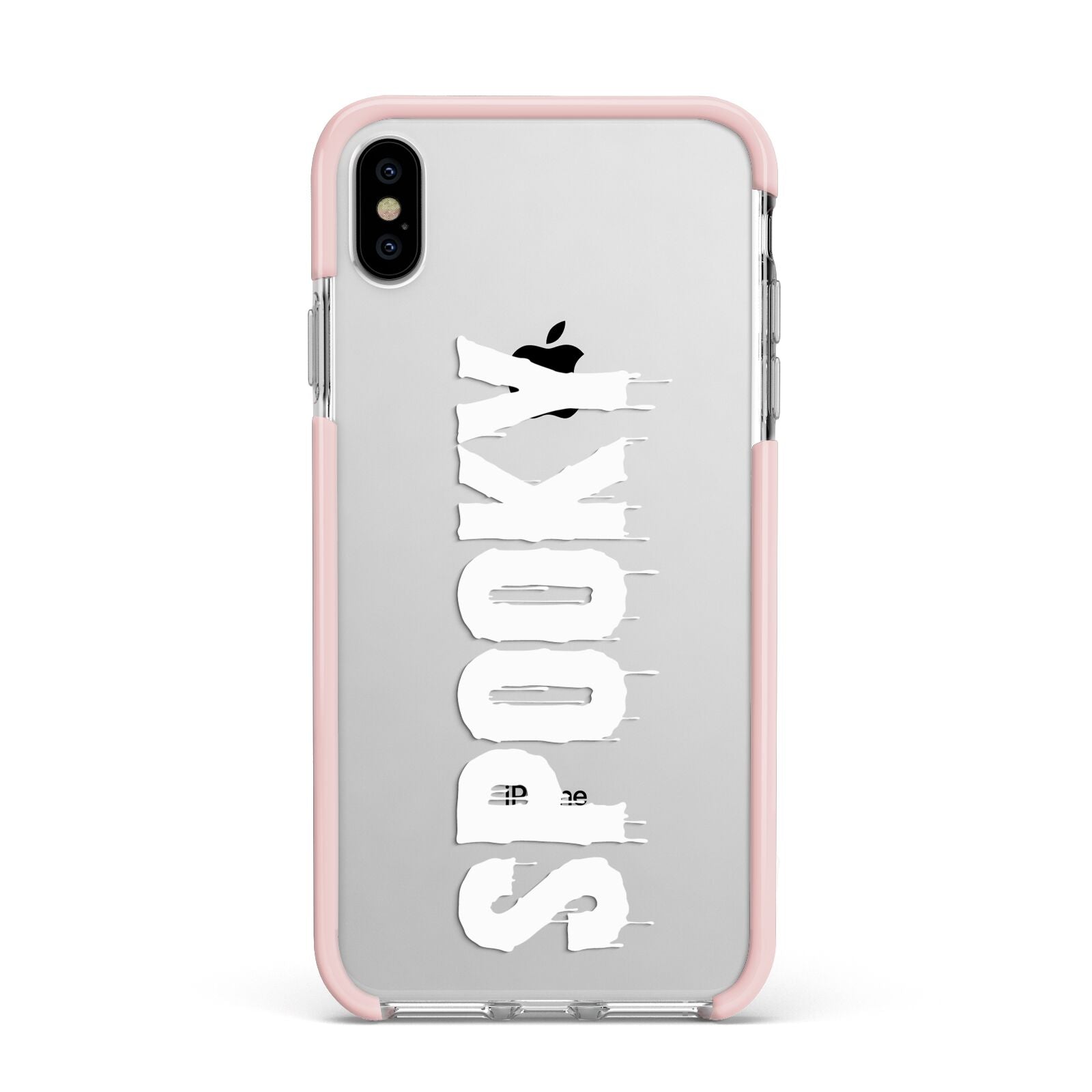 White Dripping Spooky Text Apple iPhone Xs Max Impact Case Pink Edge on Silver Phone