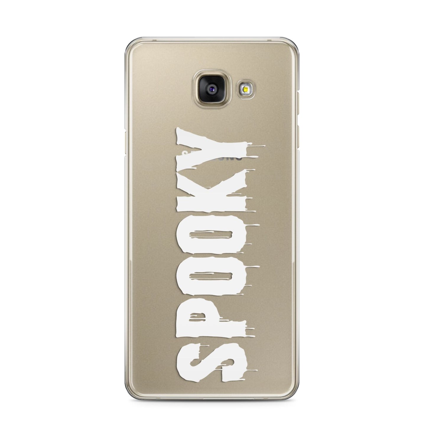 White Dripping Spooky Text Samsung Galaxy A3 2016 Case on gold phone