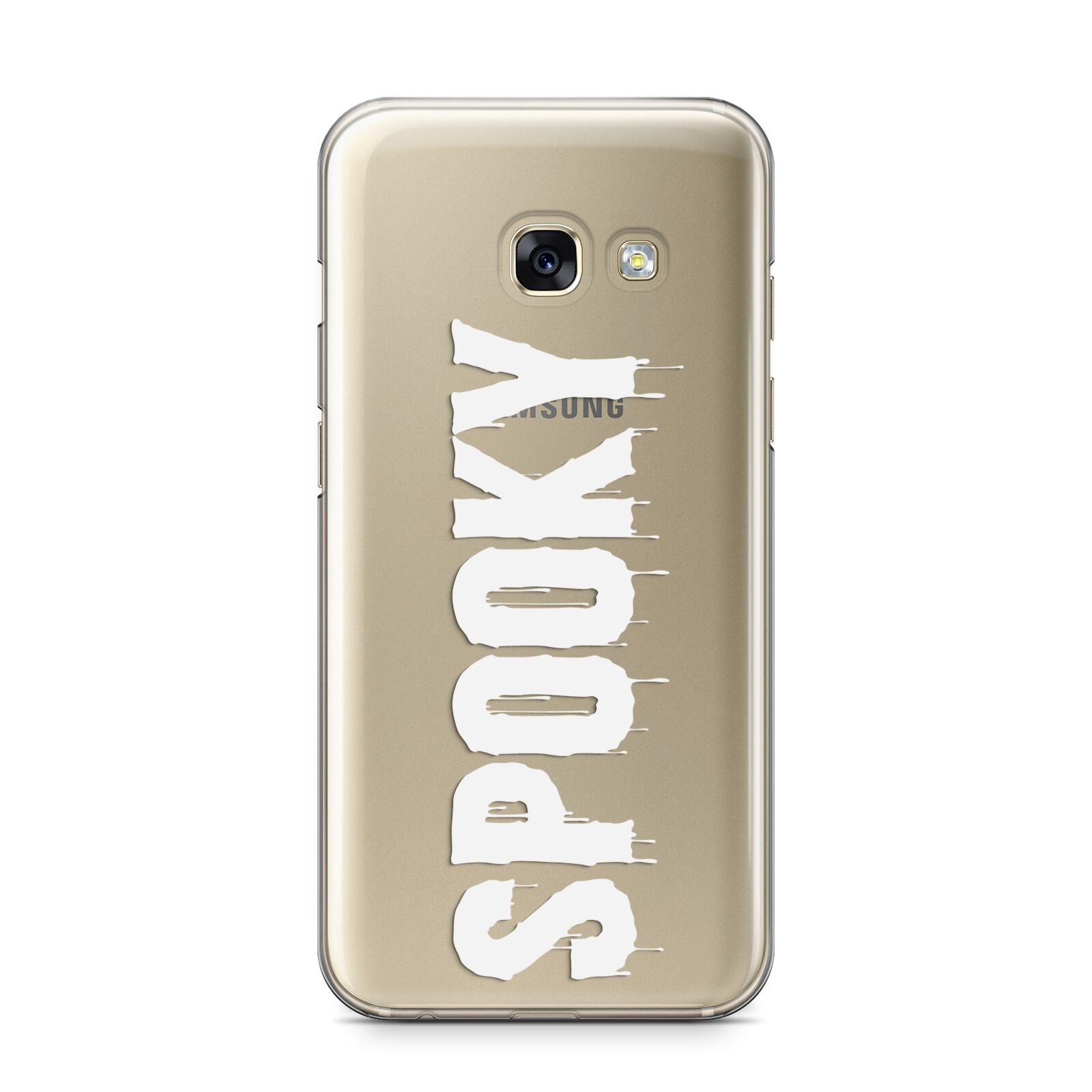 White Dripping Spooky Text Samsung Galaxy A3 2017 Case on gold phone