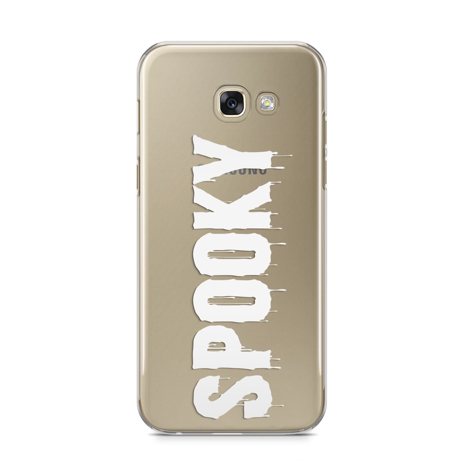 White Dripping Spooky Text Samsung Galaxy A5 2017 Case on gold phone