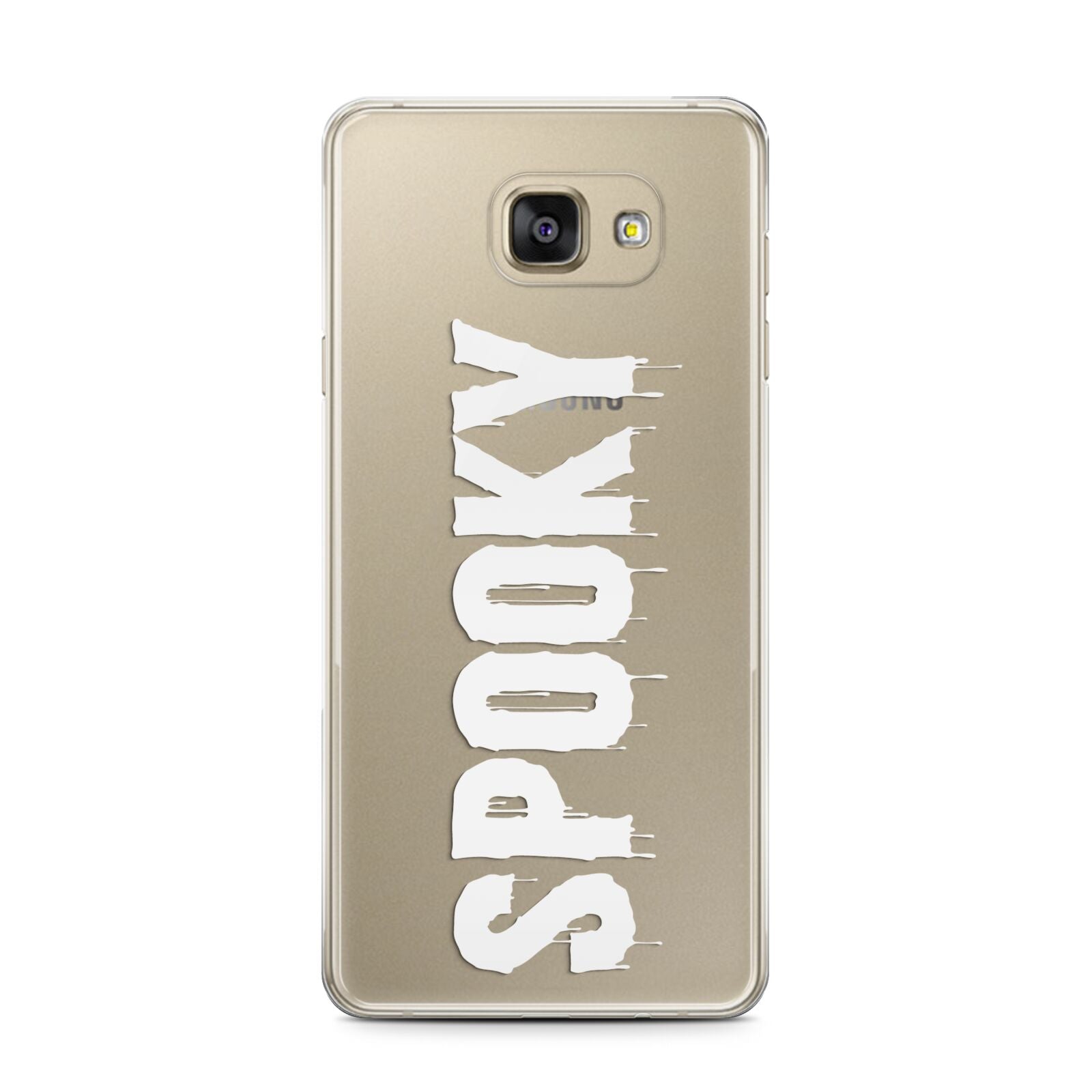 White Dripping Spooky Text Samsung Galaxy A7 2016 Case on gold phone