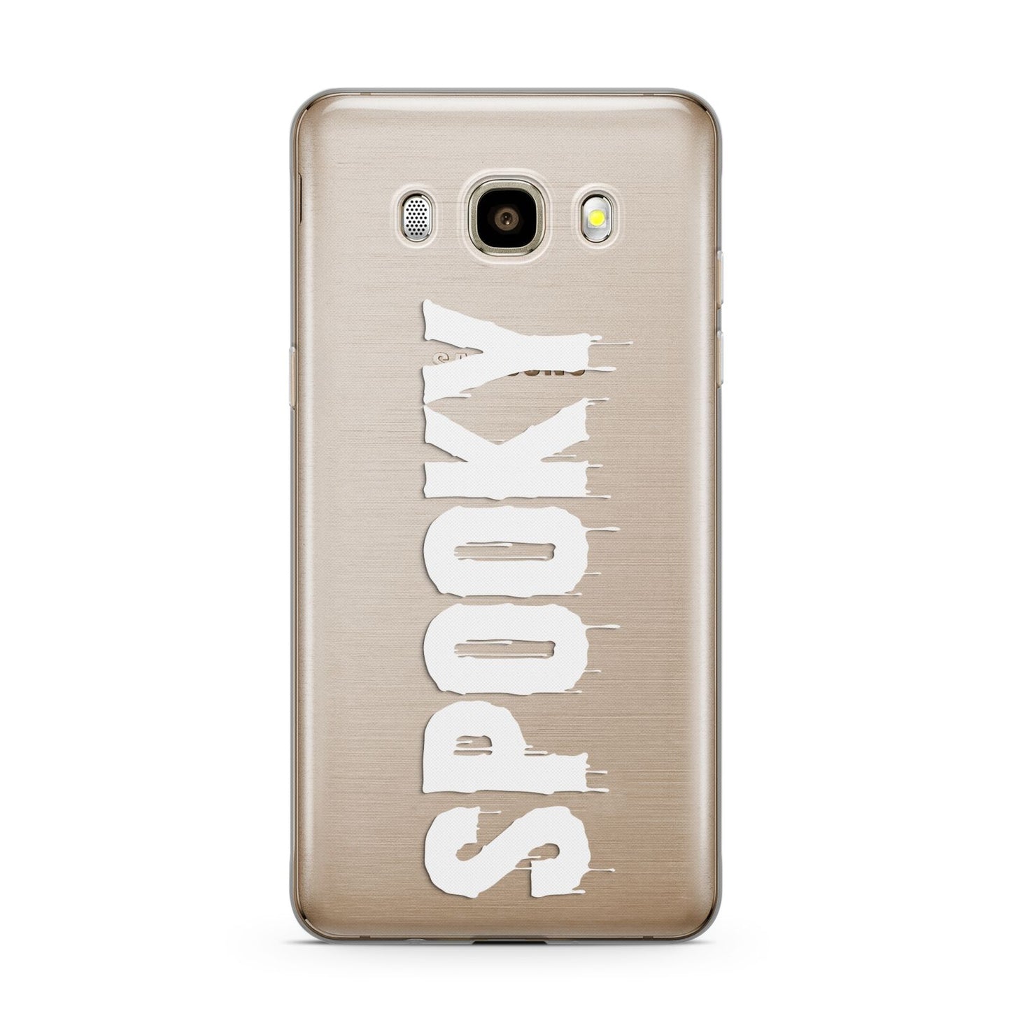 White Dripping Spooky Text Samsung Galaxy J7 2016 Case on gold phone