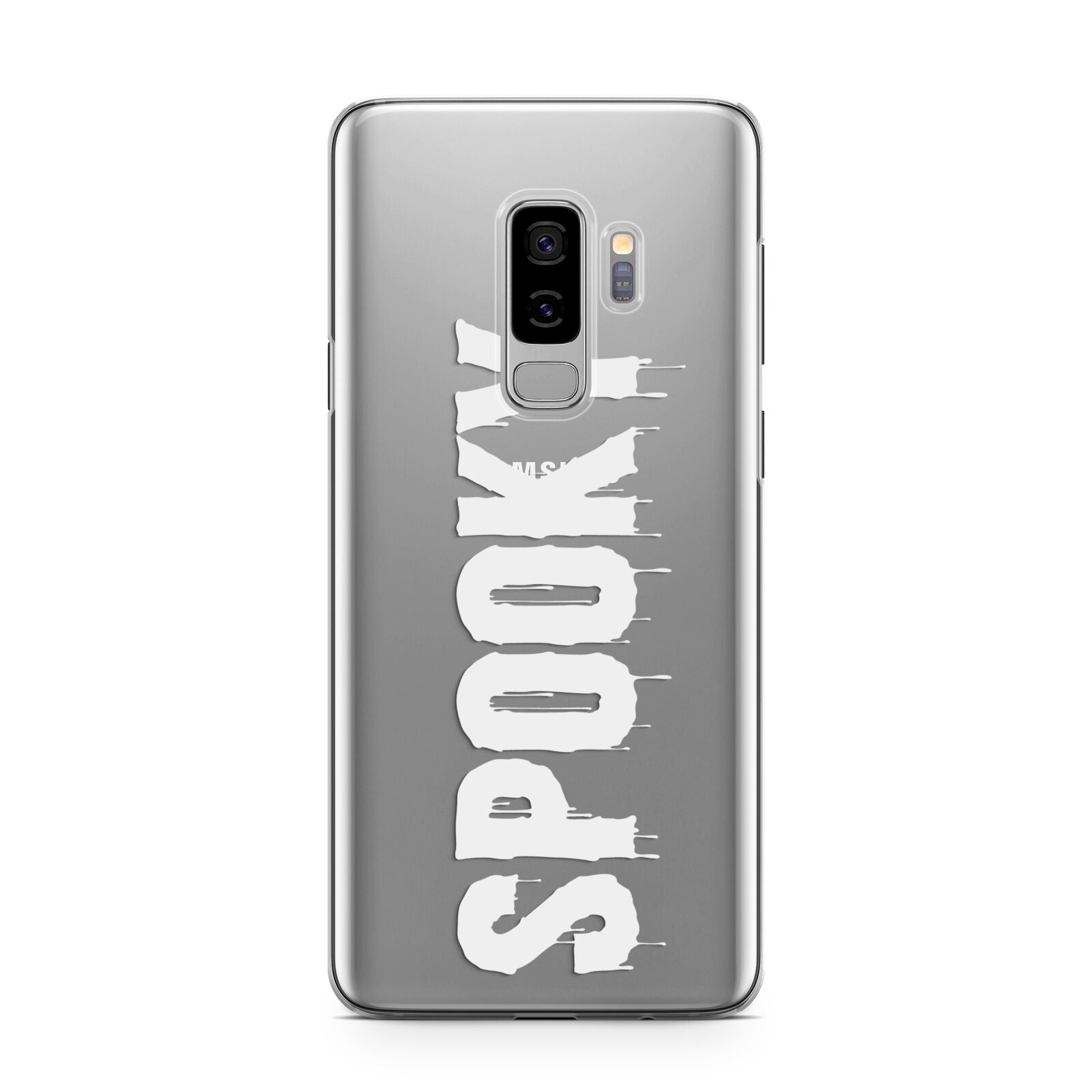 White Dripping Spooky Text Samsung Galaxy S9 Plus Case on Silver phone