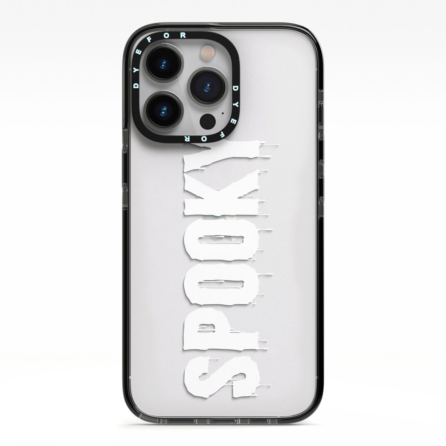 White Dripping Spooky Text iPhone 13 Pro Black Impact Case on Silver phone