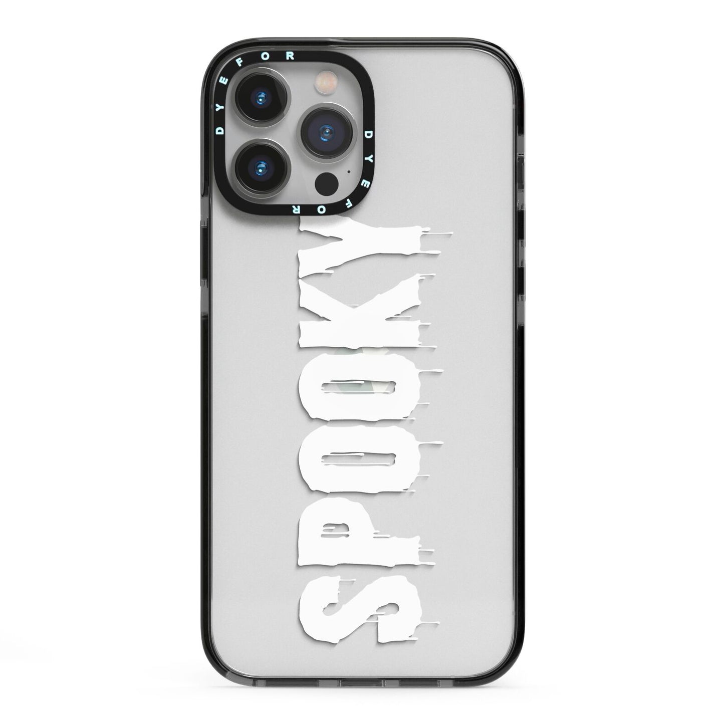 White Dripping Spooky Text iPhone 13 Pro Max Black Impact Case on Silver phone