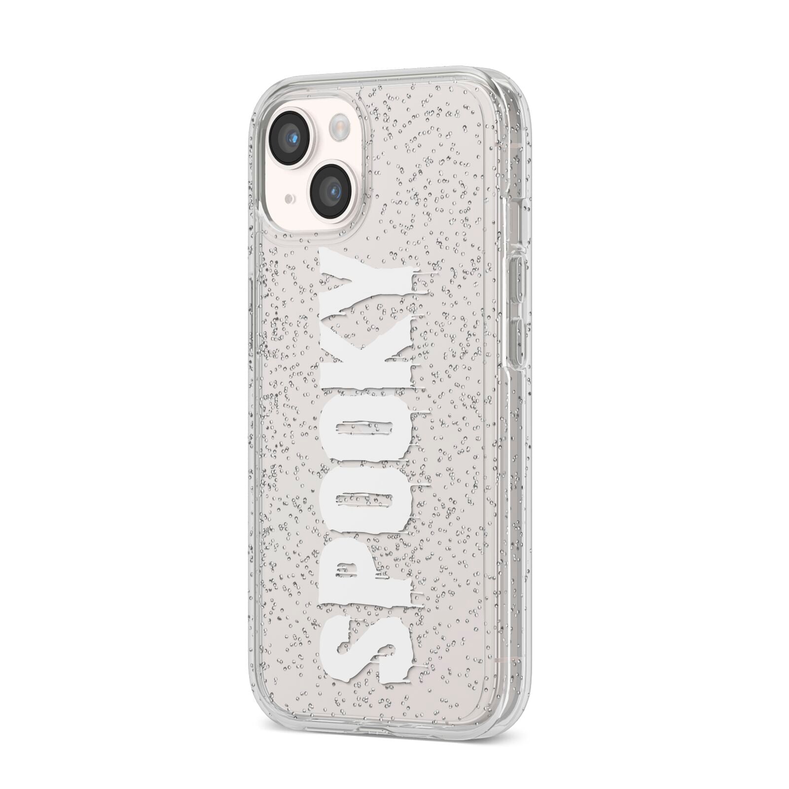 White Dripping Spooky Text iPhone 14 Glitter Tough Case Starlight Angled Image