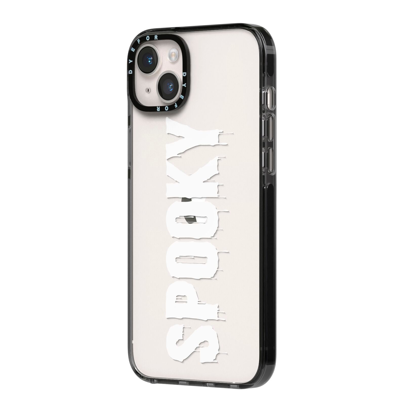 White Dripping Spooky Text iPhone 14 Plus Black Impact Case Side Angle on Silver phone