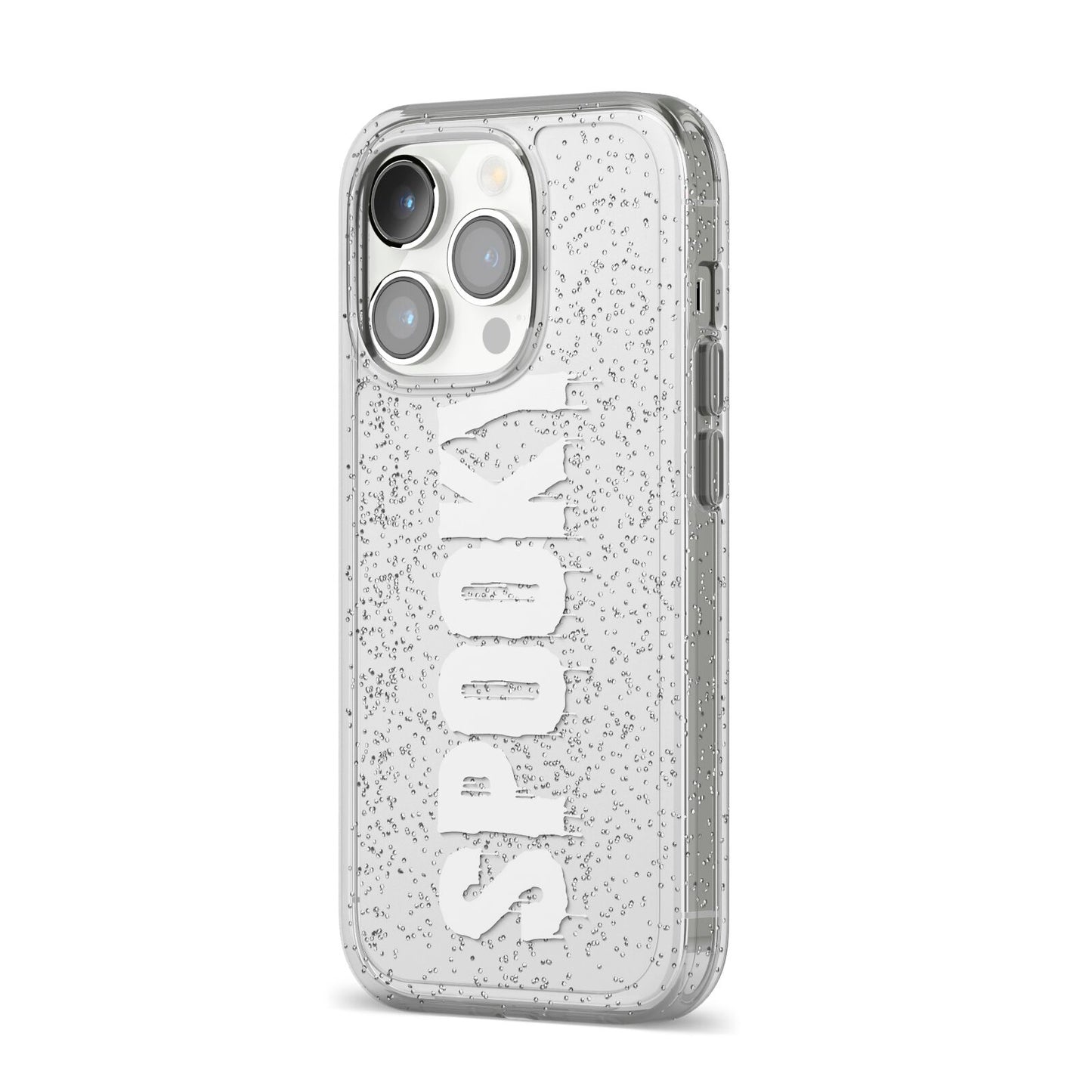 White Dripping Spooky Text iPhone 14 Pro Glitter Tough Case Silver Angled Image