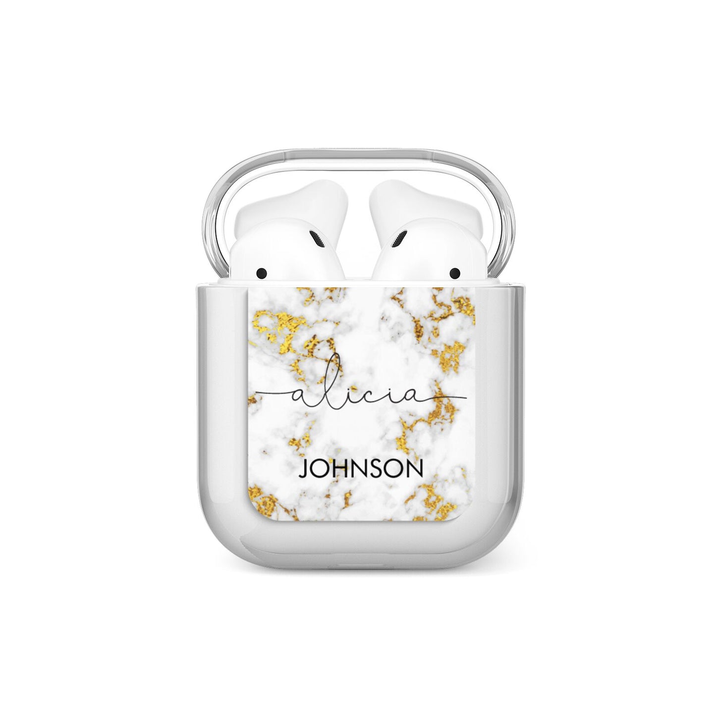 White Gold Personalised Marble Text AirPods Case