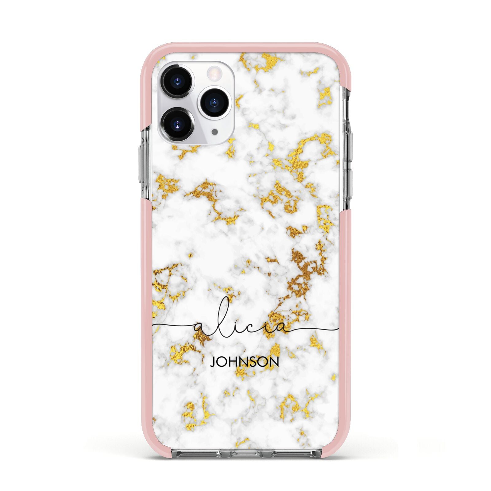 White Gold Personalised Marble Text Apple iPhone 11 Pro in Silver with Pink Impact Case