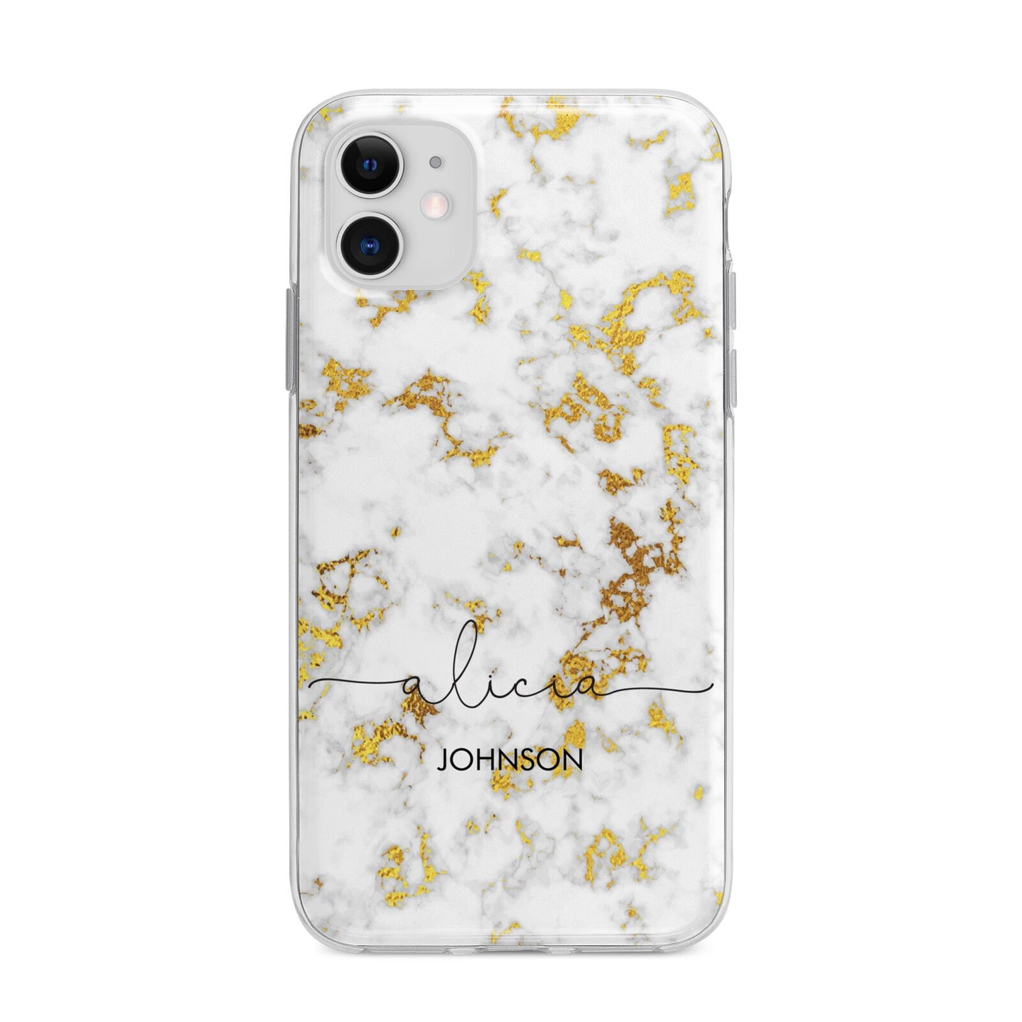 White Gold Personalised Marble Text Apple iPhone 11 in White with Bumper Case
