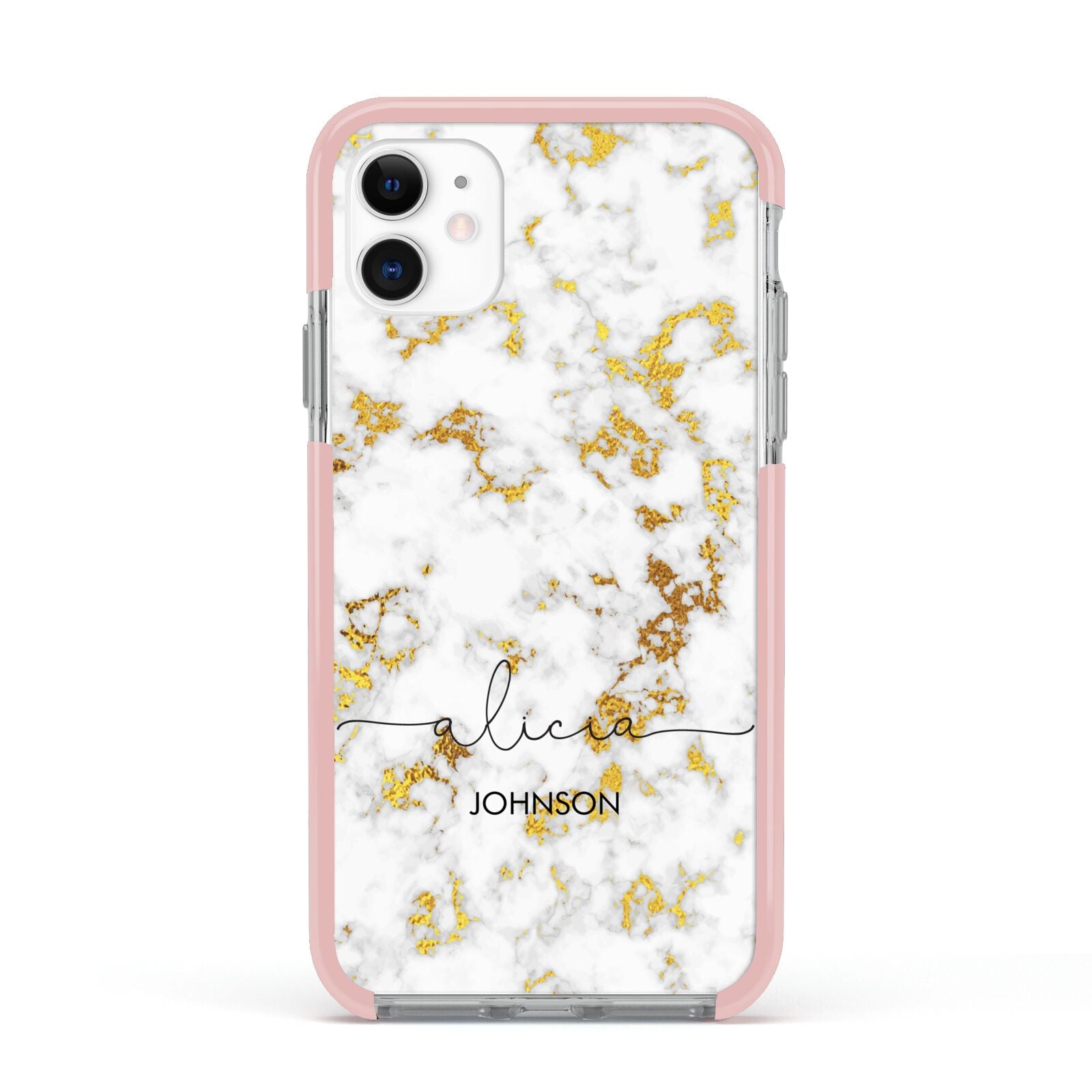 White Gold Personalised Marble Text Apple iPhone 11 in White with Pink Impact Case