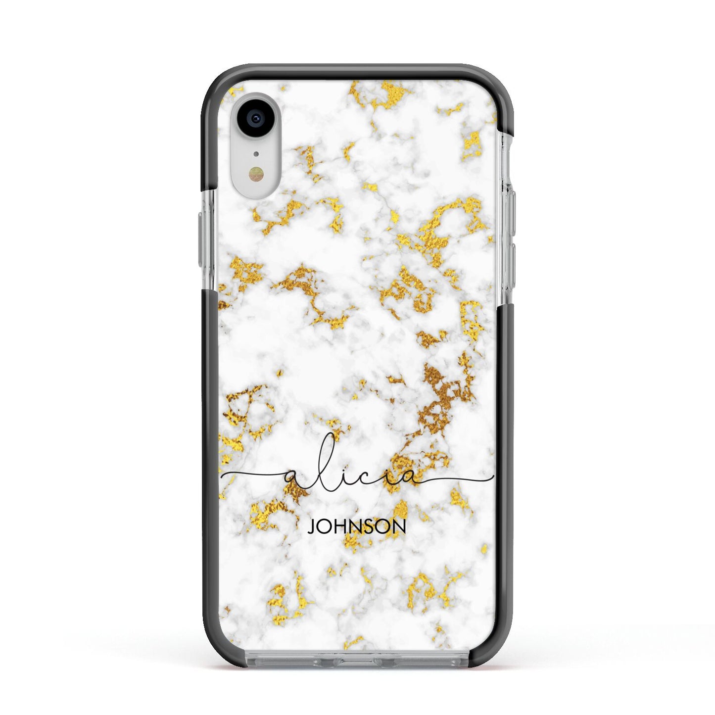 White Gold Personalised Marble Text Apple iPhone XR Impact Case Black Edge on Silver Phone
