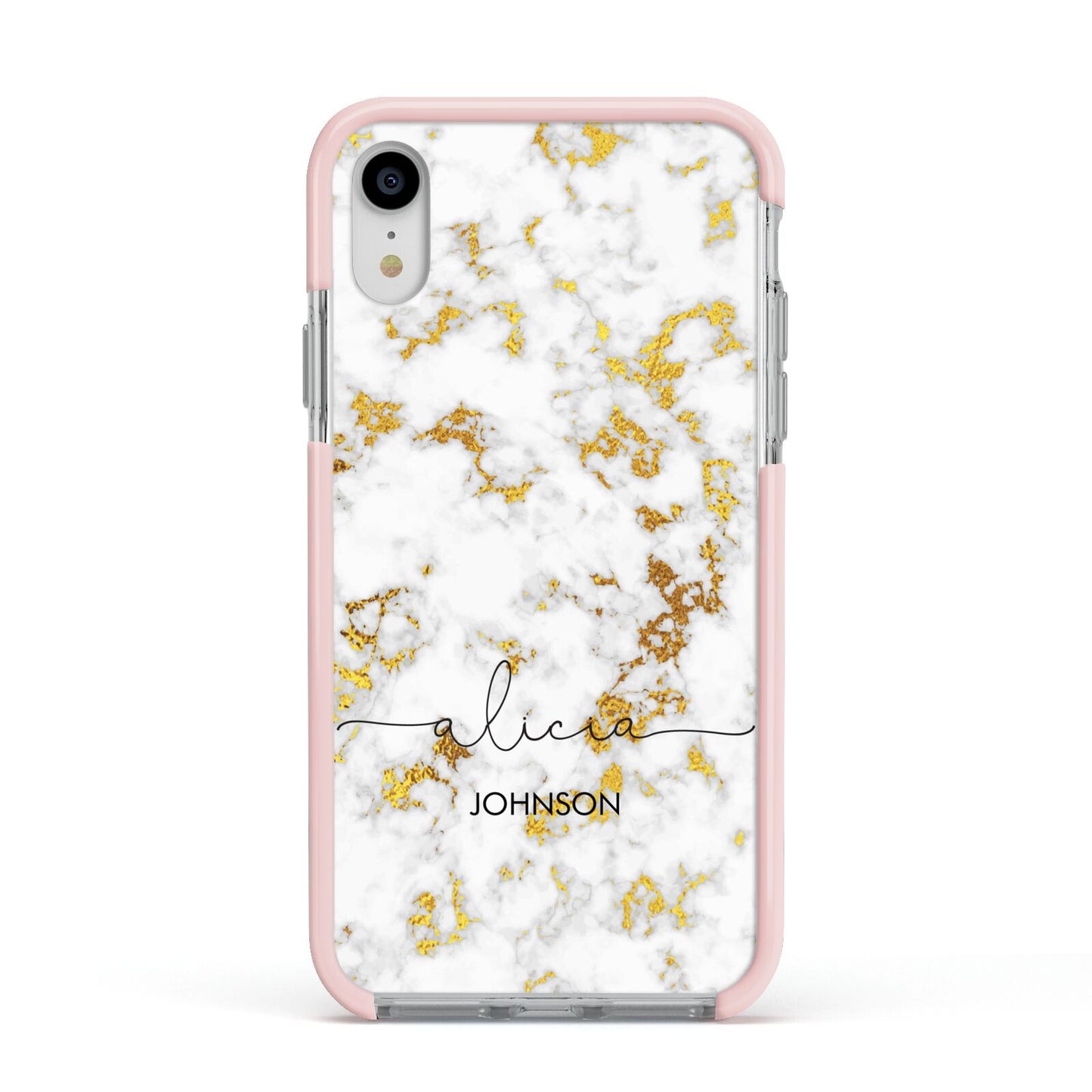White Gold Personalised Marble Text Apple iPhone XR Impact Case Pink Edge on Silver Phone