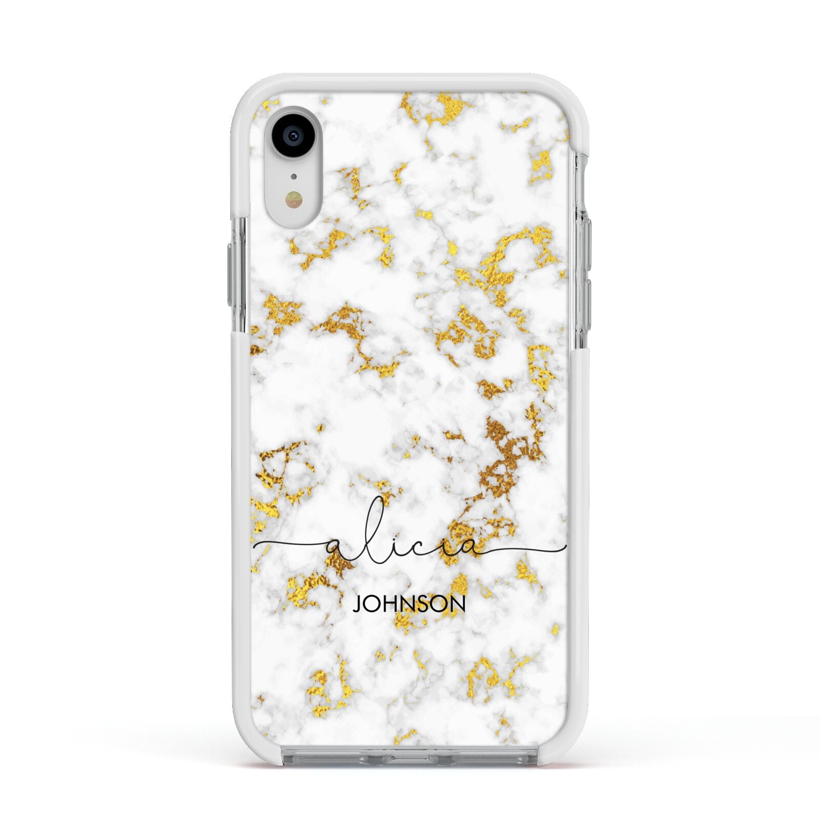 White Gold Personalised Marble Text Apple iPhone XR Impact Case White Edge on Silver Phone