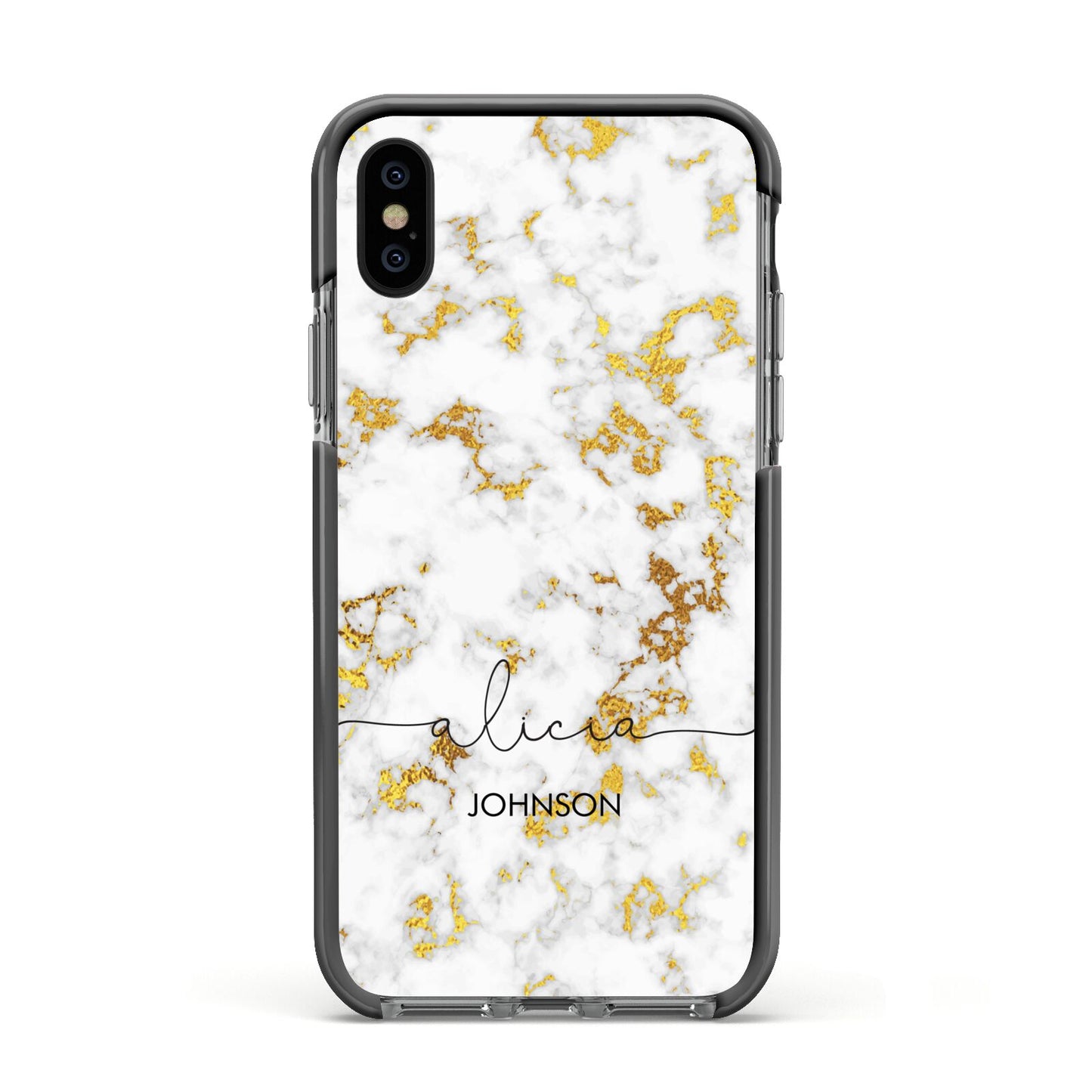 White Gold Personalised Marble Text Apple iPhone Xs Impact Case Black Edge on Black Phone