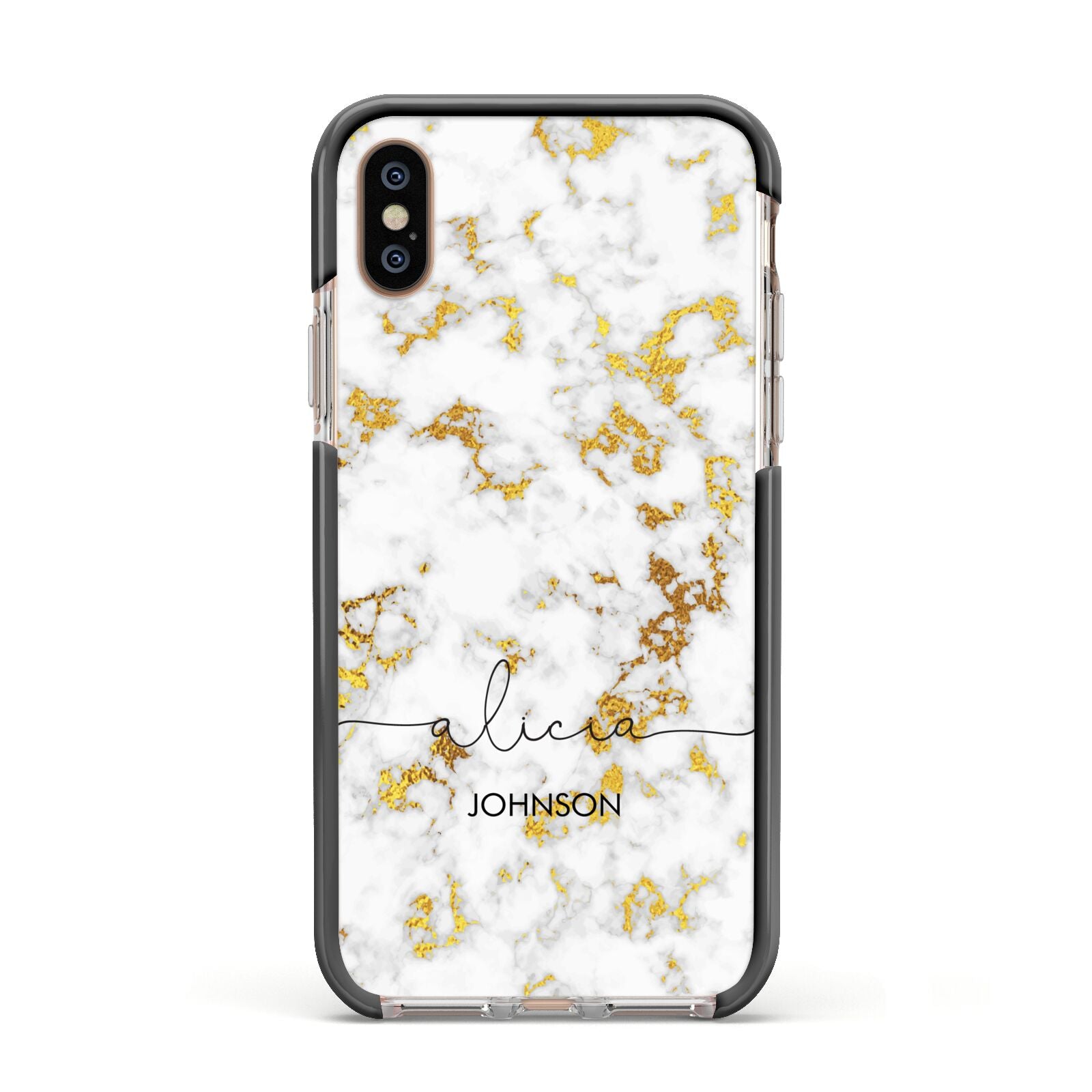 White Gold Personalised Marble Text Apple iPhone Xs Impact Case Black Edge on Gold Phone
