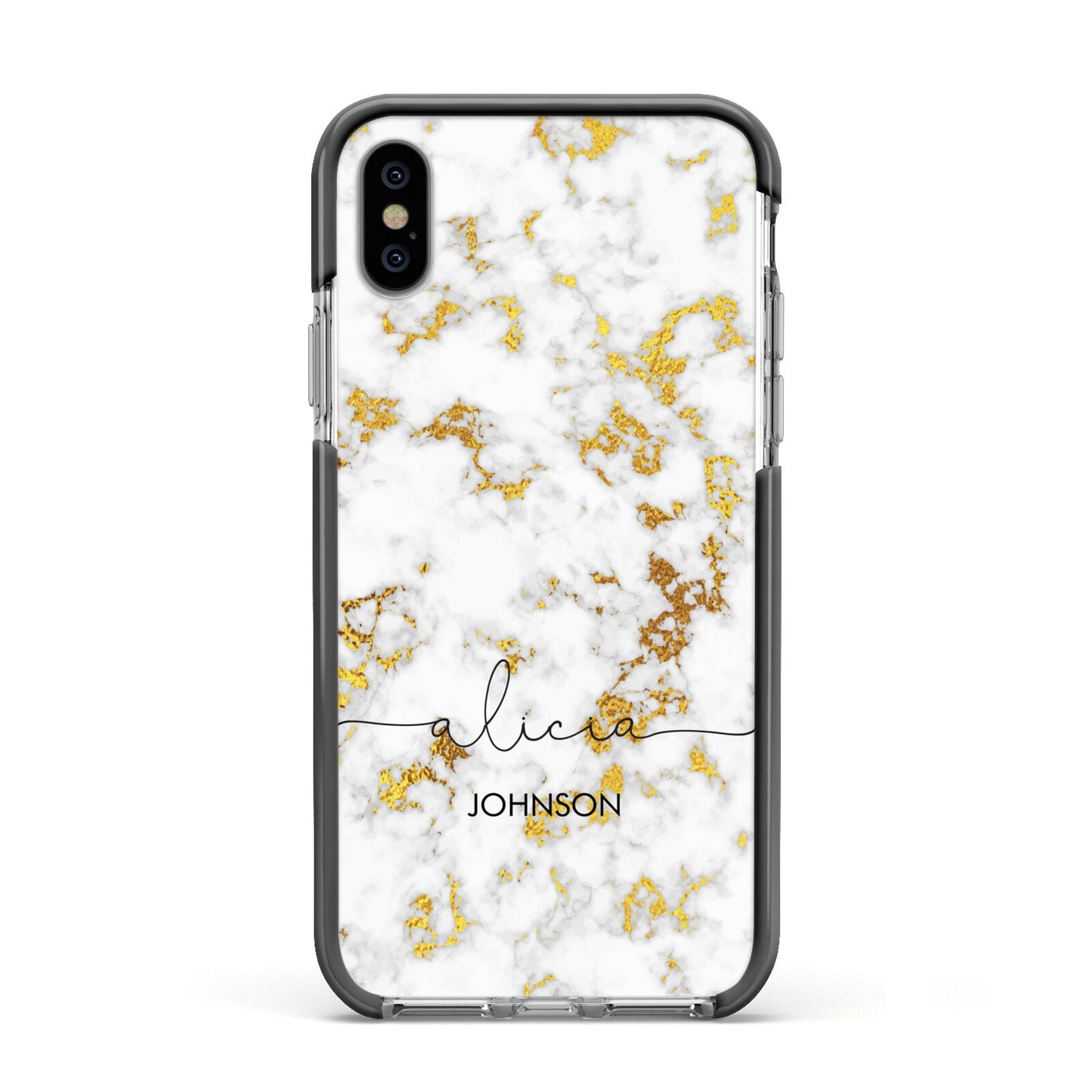 White Gold Personalised Marble Text Apple iPhone Xs Impact Case Black Edge on Silver Phone