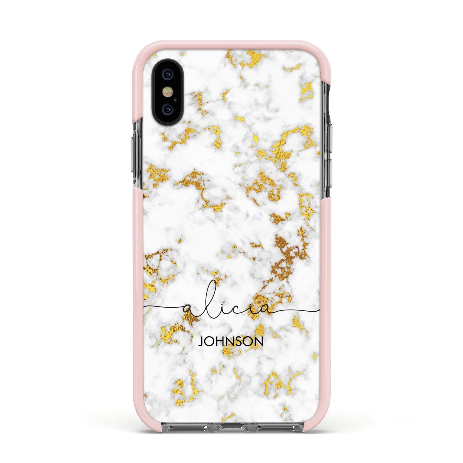White Gold Personalised Marble Text Apple iPhone Xs Impact Case Pink Edge on Black Phone