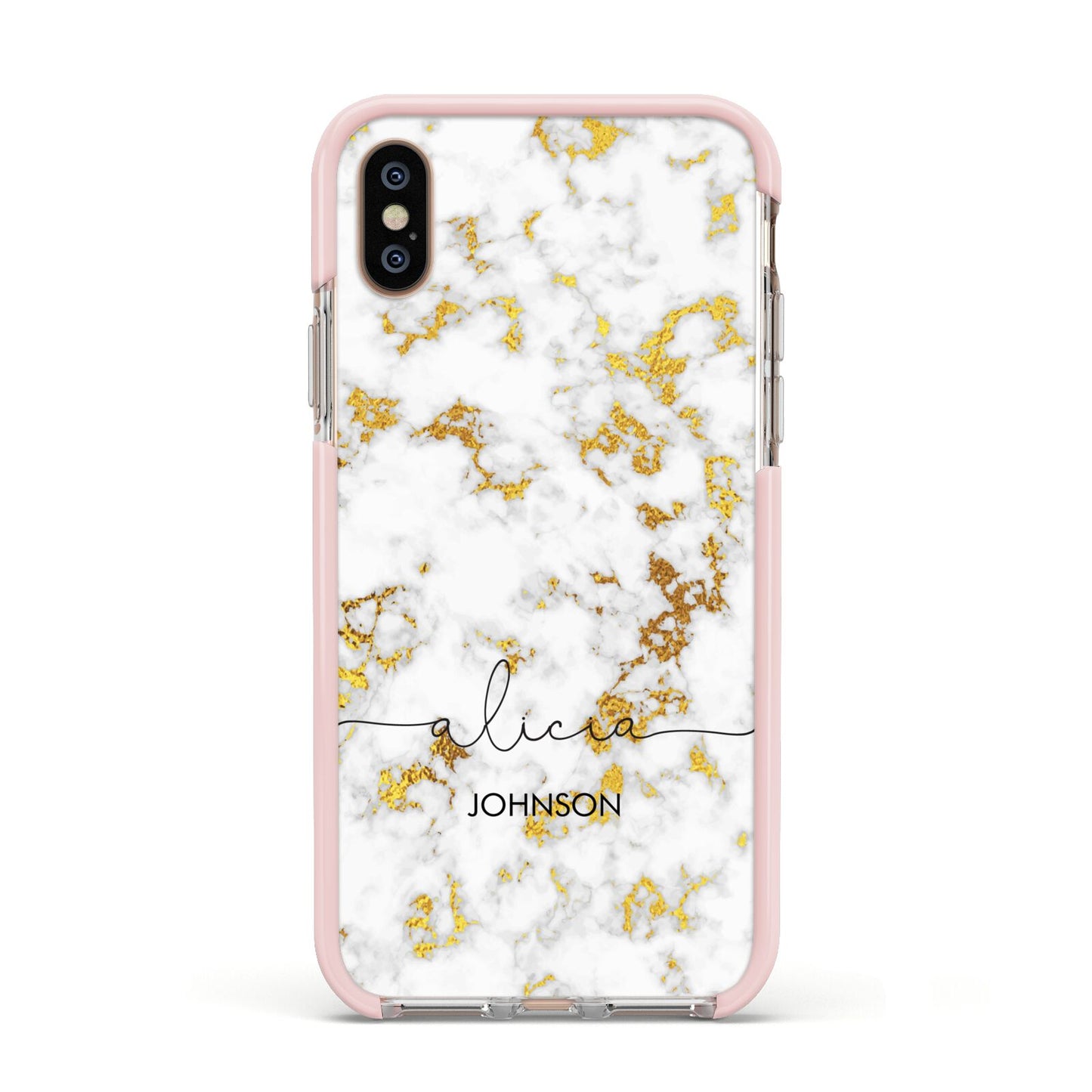 White Gold Personalised Marble Text Apple iPhone Xs Impact Case Pink Edge on Gold Phone