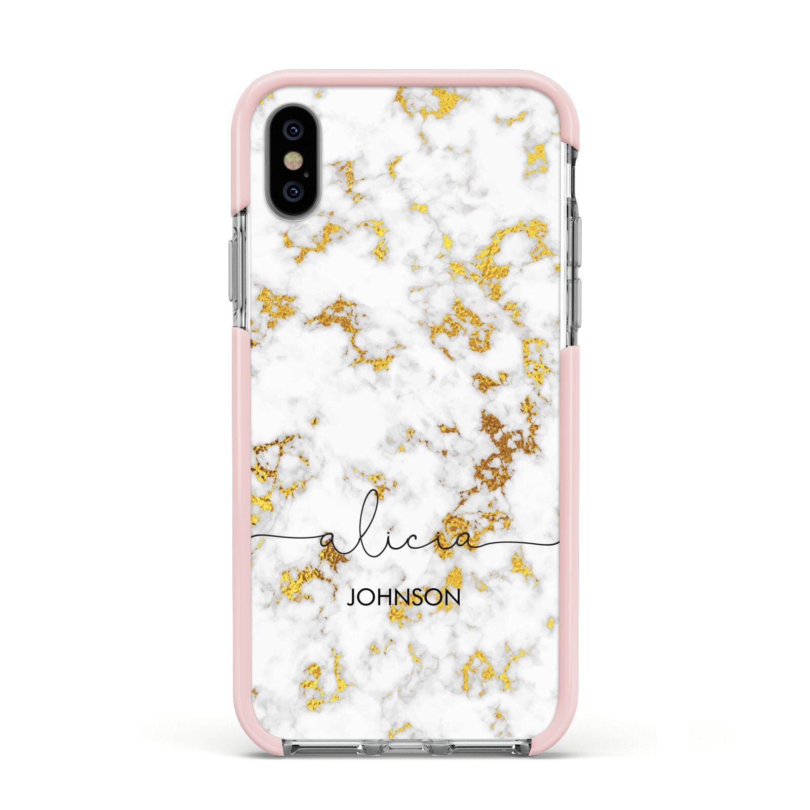 White Gold Personalised Marble Text Apple iPhone Xs Impact Case Pink Edge on Silver Phone